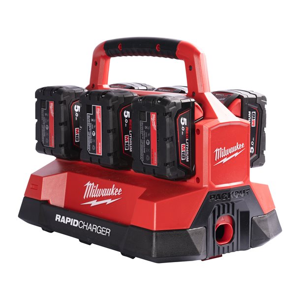 Milwaukee M18 PC6 Packout Akku-Sechsfach-Schnellladegerät Simultan 6 A Ladestrom mit Tragegriff im Karton (4932480162)