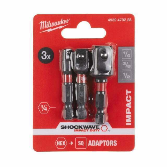 Milwaukee® Shockwave Steckschlüsseleinsatz Adapterset 50 mm aus Spezialstahl 1/4" + 3/8" + 1/2"  3 tlg. 4932479228