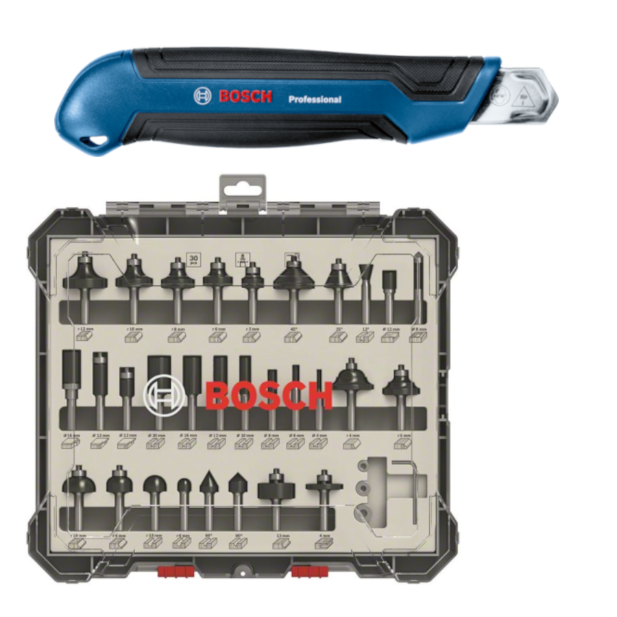 Bosch Professional Fräser-Set DIN EN-847 mit 8 mm Schaft  30 tlg. + Bosch Cuttermesser 18 mm inkl. Klinge