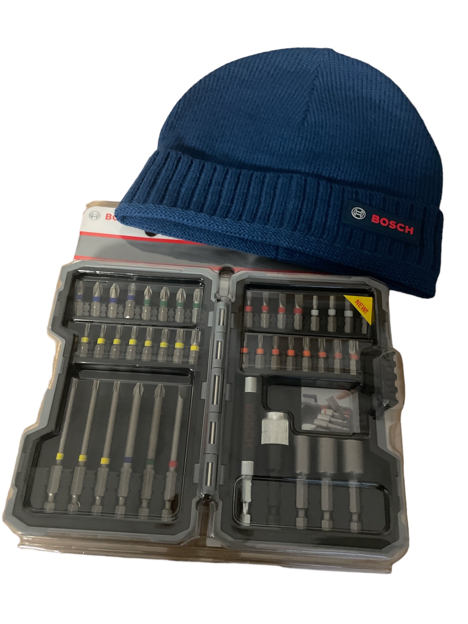 Bosch Professional Schrauberbit Set Extra Hard 1/4" mit Farbcodierung in Box 43 tlg. + gratis blaue Bosch Mütze Beanie