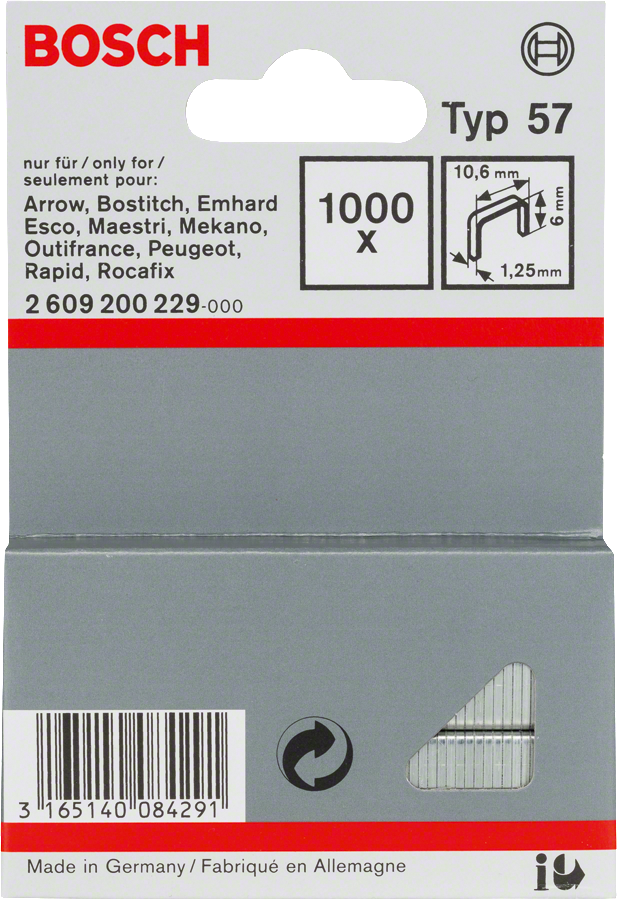 Bosch Flachdrahtklammer Typ 57, Breite 10.6 x 1.25 x 6 mm 1000 Stk. (2609200229)
