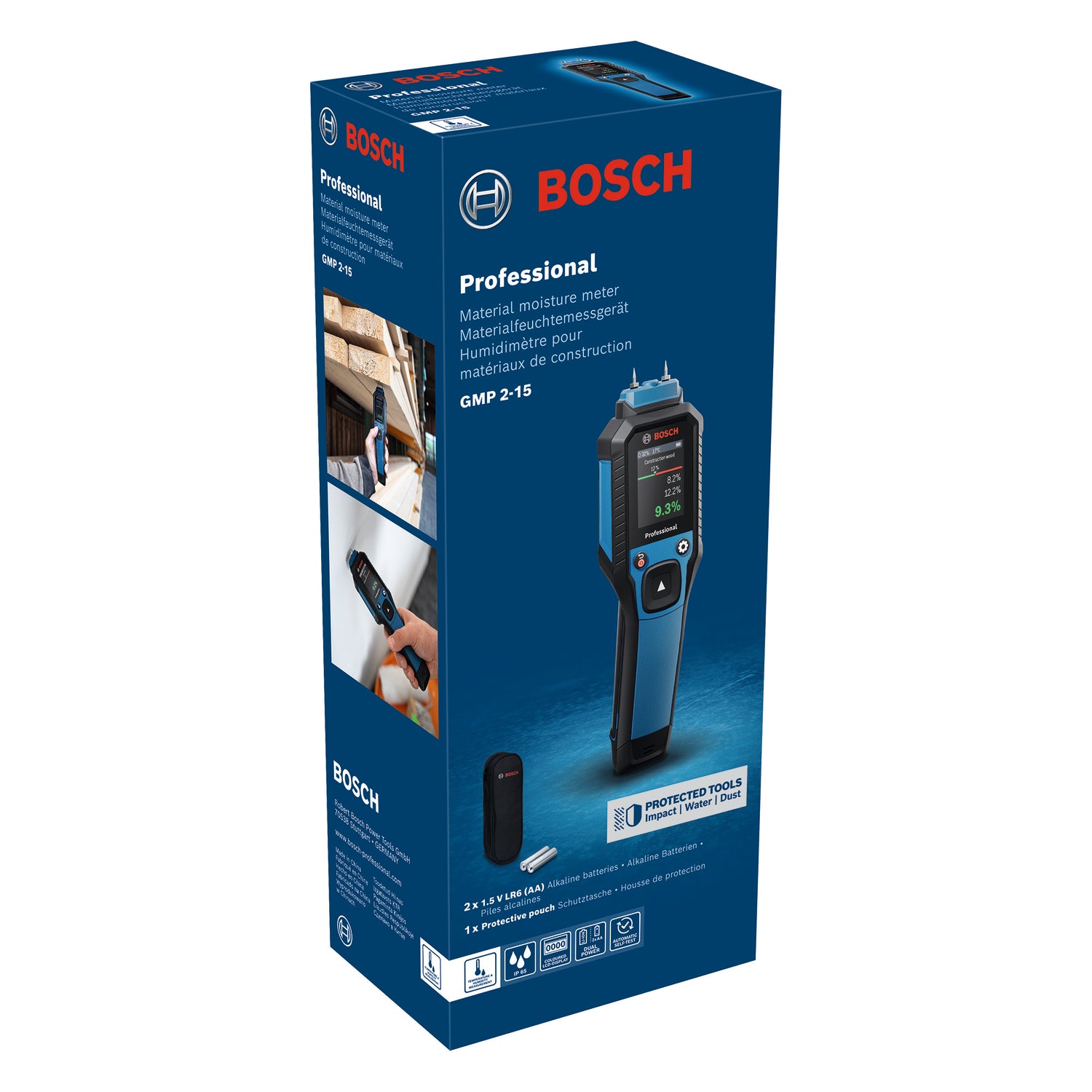 Bosch Feuchtemessgerät GMP 2-15 (misst in 37 Holzarten & 10 Baustoffarten, inkl. Batterien, Tasche)