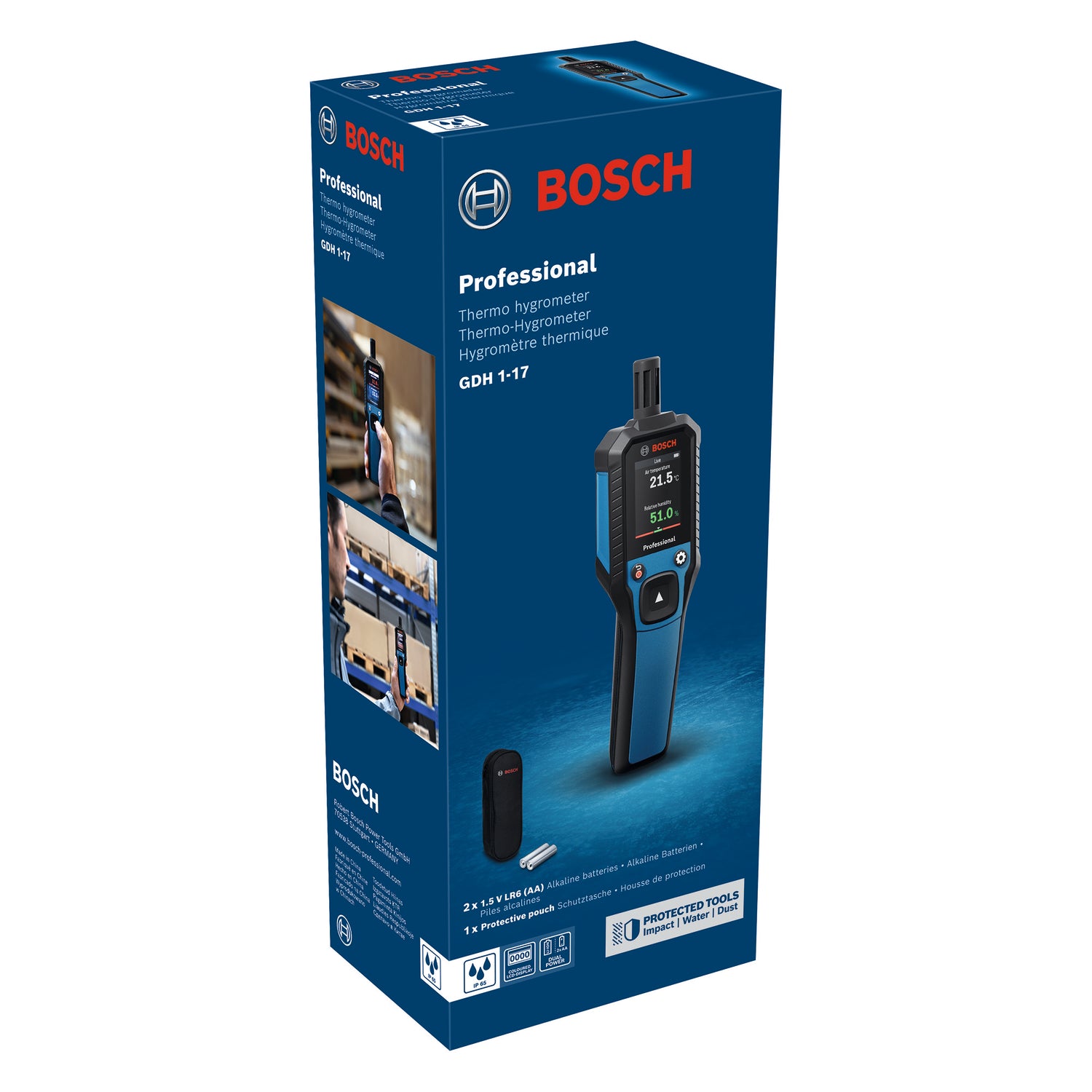 Bosch Thermo Hygrometer GDH 1-17 (misst Temperatur, Luftfeuchtigkeit, Taupunkt, inkl. Batterien, Tasche)