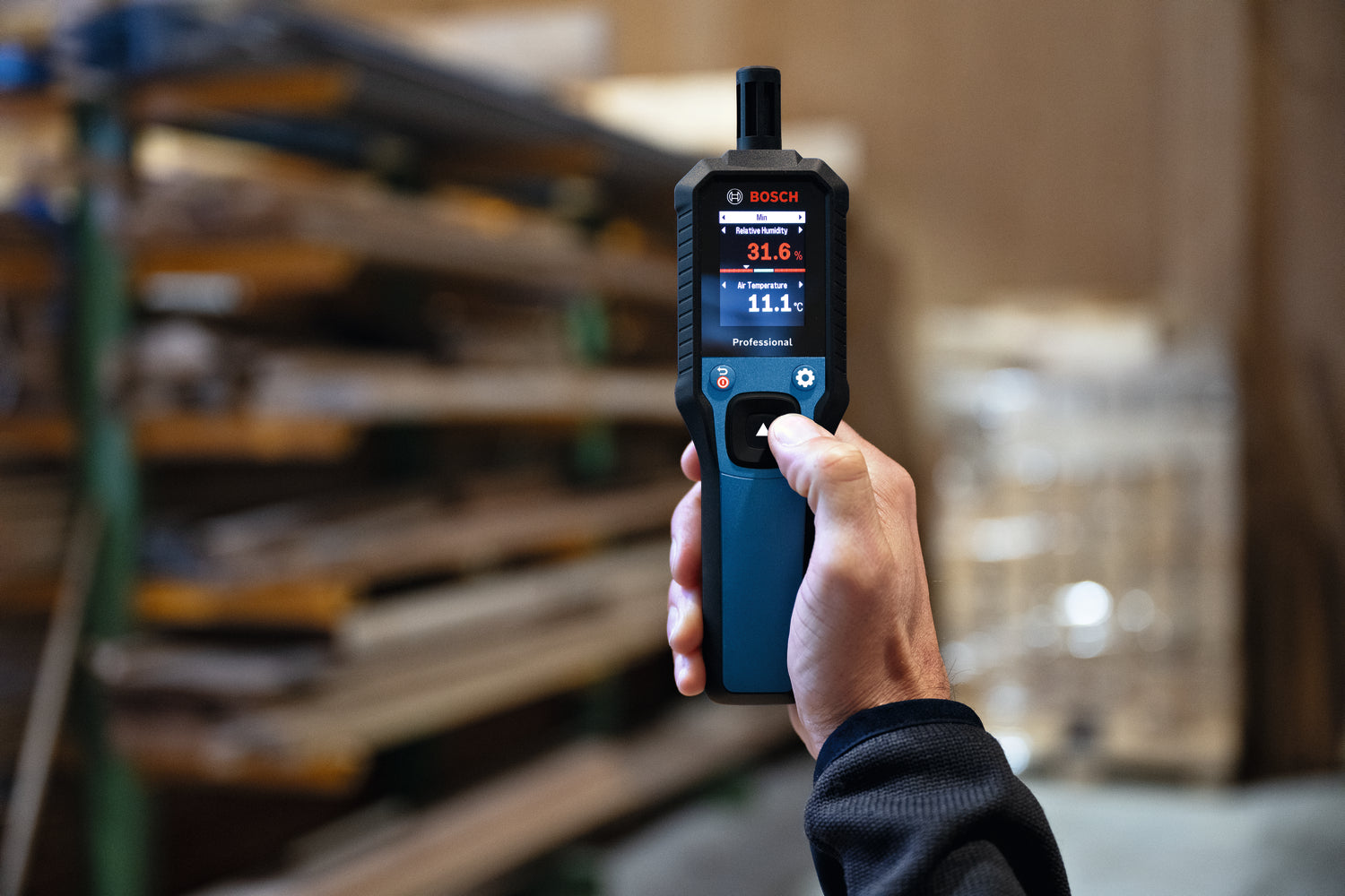 Bosch Thermo Hygrometer GDH 1-17 (misst Temperatur, Luftfeuchtigkeit, Taupunkt, inkl. Batterien, Tasche)