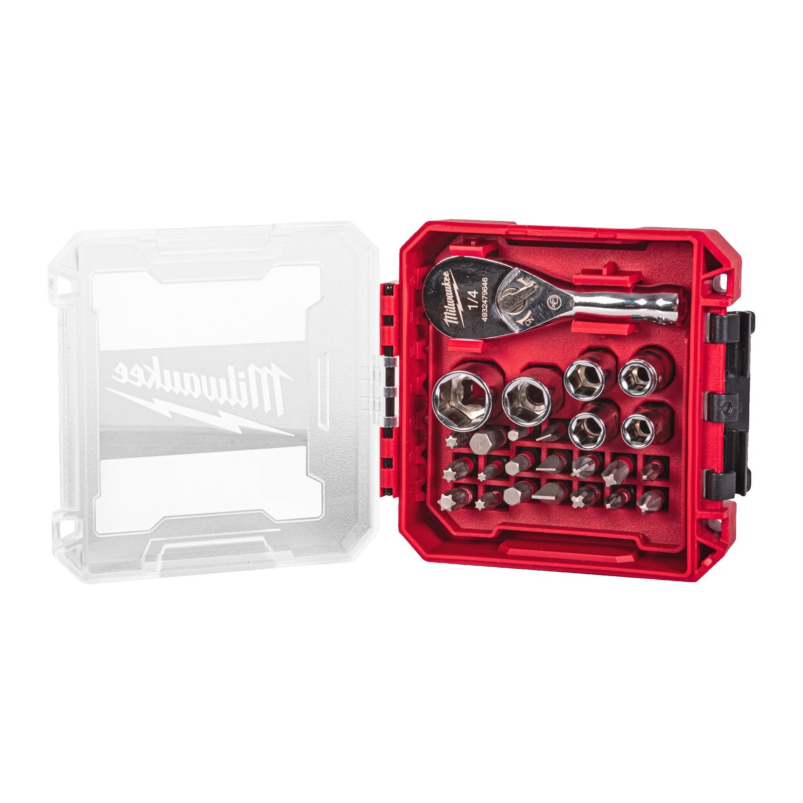 Milwaukee 1/4" Kompakt-Ratschen-Set 25-tlg. (inkl. Shockwave Bits PH / PZ / TX / SL / HEX, Bit-Adapter, Steckschlüsseleinsätze, Packout Kassette)