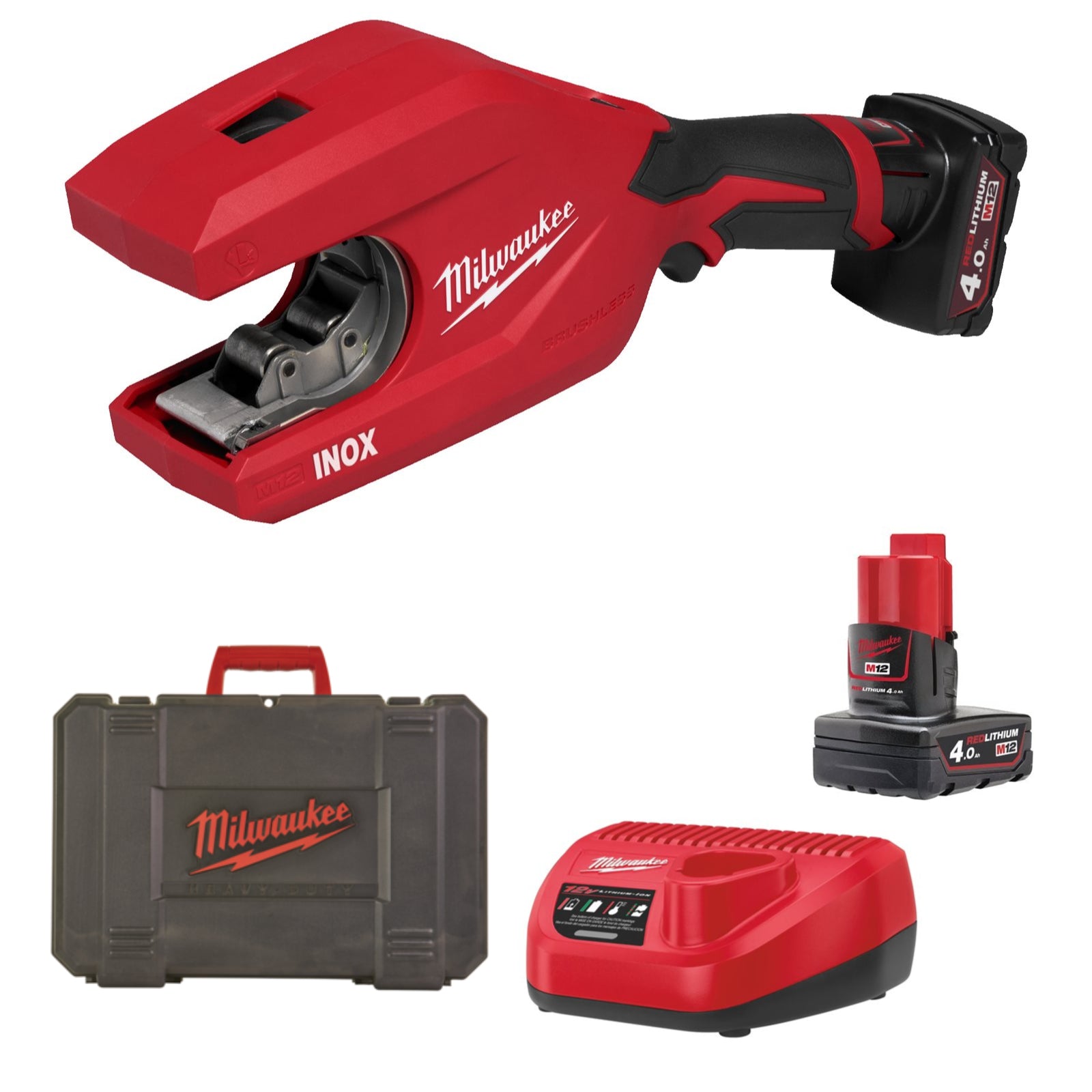 Milwaukee M12 PCSS54-402C Akku-Rohrabschneider (Schneidet Edelstahlrohre bis 54 mm, RaptorXL, inkl. 2x 4 Ah Akku, im Koffer)