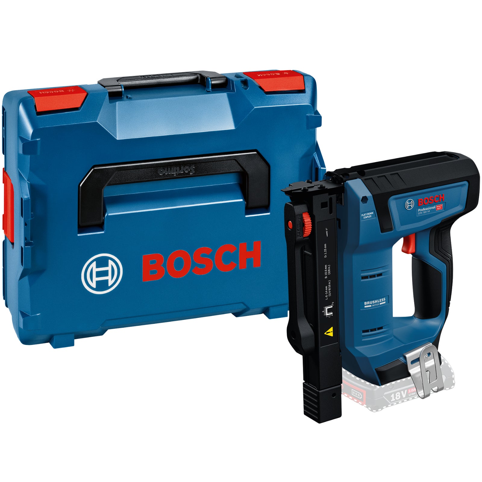Bosch Akku-Holzklammerer GTH 18V-14 (Schenkellänge: 6 - 14 mm, Klammerweite: 10,6 mm, Kapazität: 100 Stk., Solo, in L-BOXX 136)