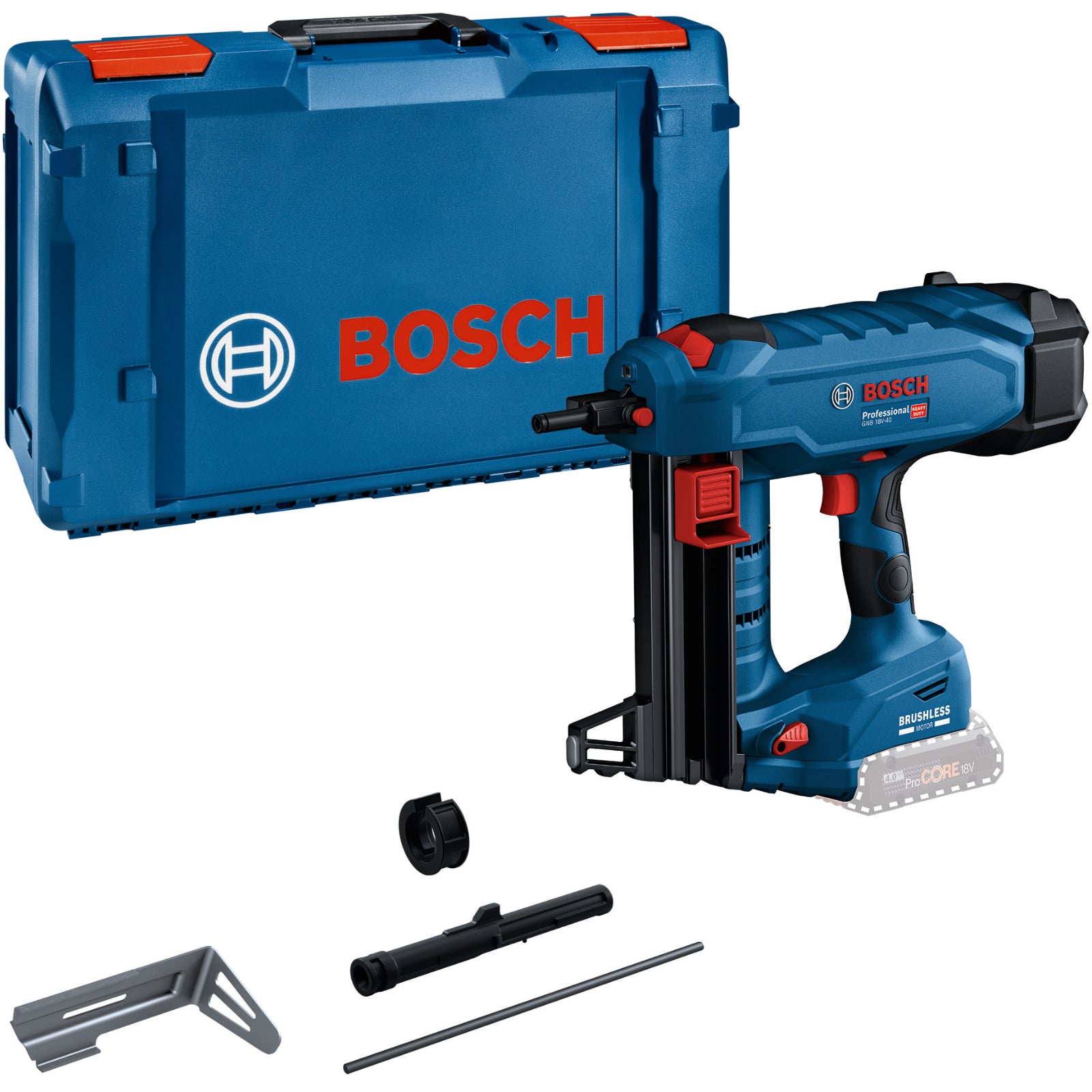 Bosch Akku-Betonnagler GNB 18V-40 (für Nägel: 13 - 40 mm bei Ø 2,7 - 3 mm, Solo inkl. Ausdrückstift, Befestigungshaken, E-Mundstück in XL-BOXX)
