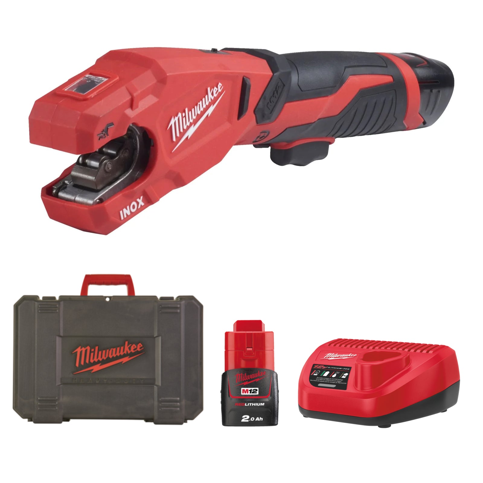 Milwaukee M12 PCSS-202C Akku-Rohrschneider (Schneidet Edelstahlrohre bis 28 mm, Raptor, inkl. 2x 2 Ah Akku, im Koffer)