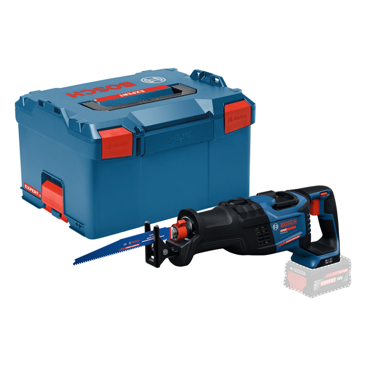 Bosch EXPERT Akku-Säbelsäge EXSA18V-32 (Schnitttiefe: Holz / Stahlrohr 250 mm, Mauerwerk 405 mm, Hublänge: 32 mm, ohne Akku in L-BOXX 238)