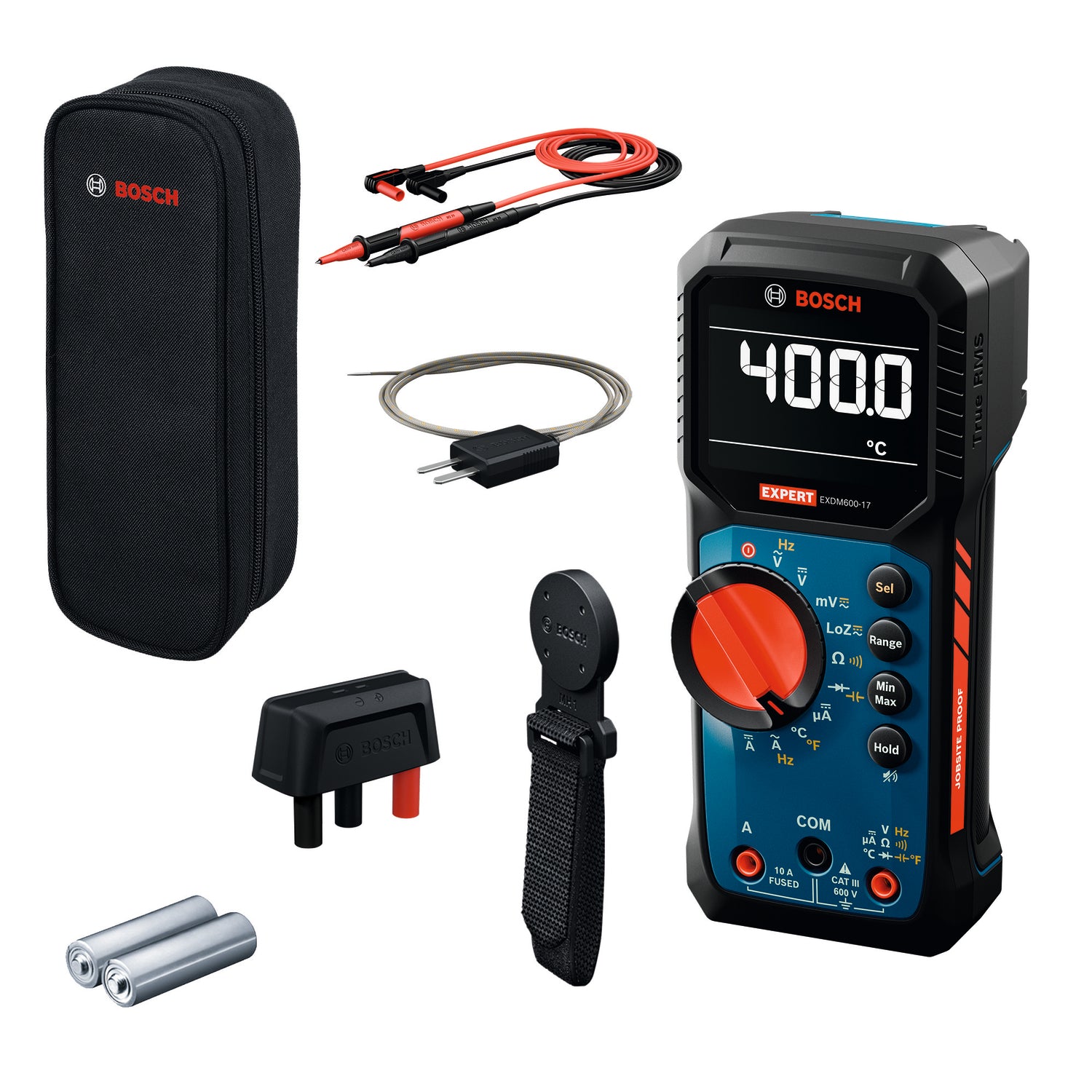 Bosch EXPERT Digitales Multimeter EXDM600-17 (Misst Temperatur und Mikroampere, Widerstände bis zu 60 MΩ, LoZ, Diodentests, inkl. Batterien in Tasche)