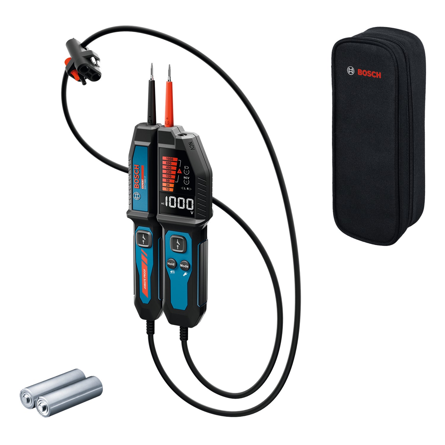 Bosch EXPERT Spannungsprüfer EXVT1000-17 (Vielseitig: Diodentest, Frequenz, Widerstand, Niederspannung, integr. NCV (berührungslose Spannung), Halten-/Stumm, inkl. Batterien in Tasche)