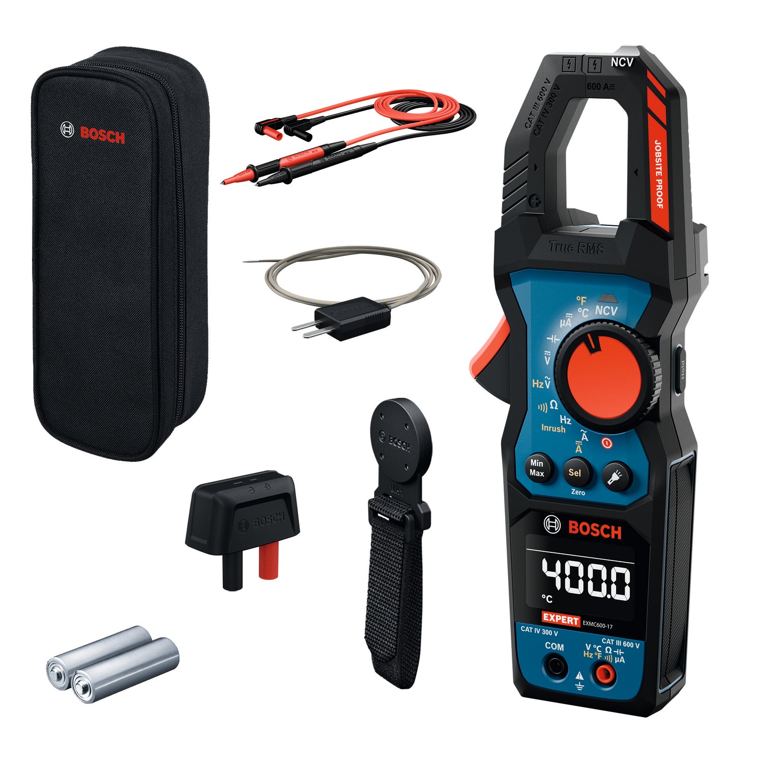 Bosch EXPERT Strommesszange EXMC600-17 (Misst AC/DC-Strom, Einschaltstrom, Frequenz, Spannung, Kapazität, inkl. Batterien in Tasche)