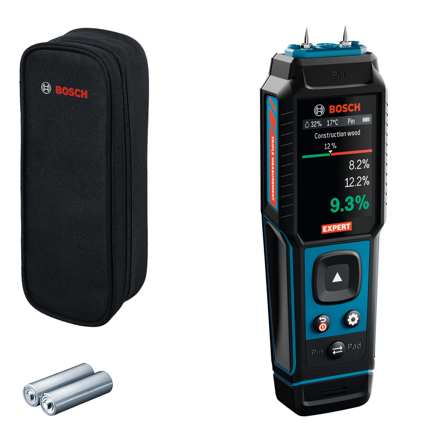 Bosch EXPERT Materialfeuchtigkeitsmesser EXMM3-17 (3 Sensoren: Pin, Pad, Thermo-Hygrometer, Automatischer Selbsttest, inkl. Batterien in Tasche)