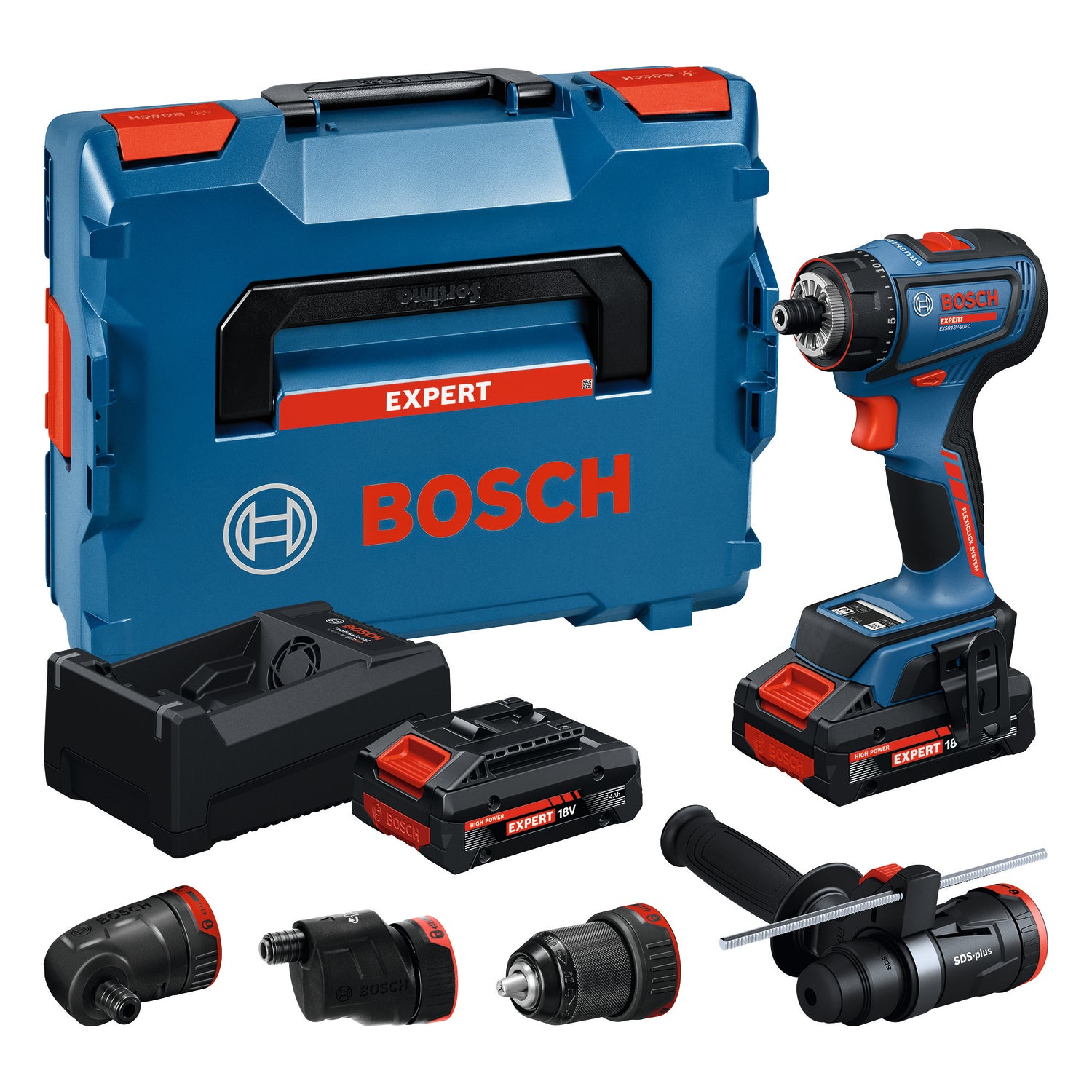 Bosch EXPERT Akku-Bohrschrauber EXSR18V-90FC (inkl. 4 x FlexiClick Aufsatz, Drehmoment: 36/65 Nm, mit 2 x 4,0 Ah Akku in L-BOXX 136)