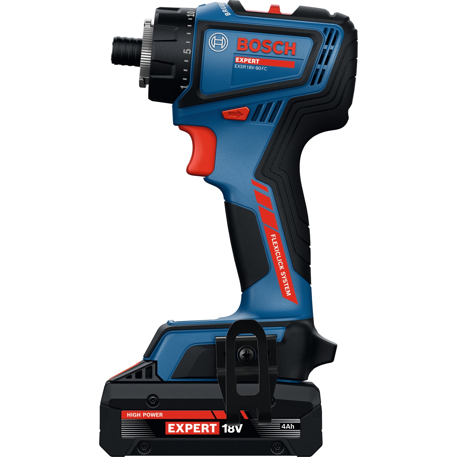 Bosch EXPERT Akku-Bohrschrauber EXSR18V-90FC (inkl. 4 x FlexiClick Aufsatz, Drehmoment: 36/65 Nm, mit 2 x 4,0 Ah Akku in L-BOXX 136)
