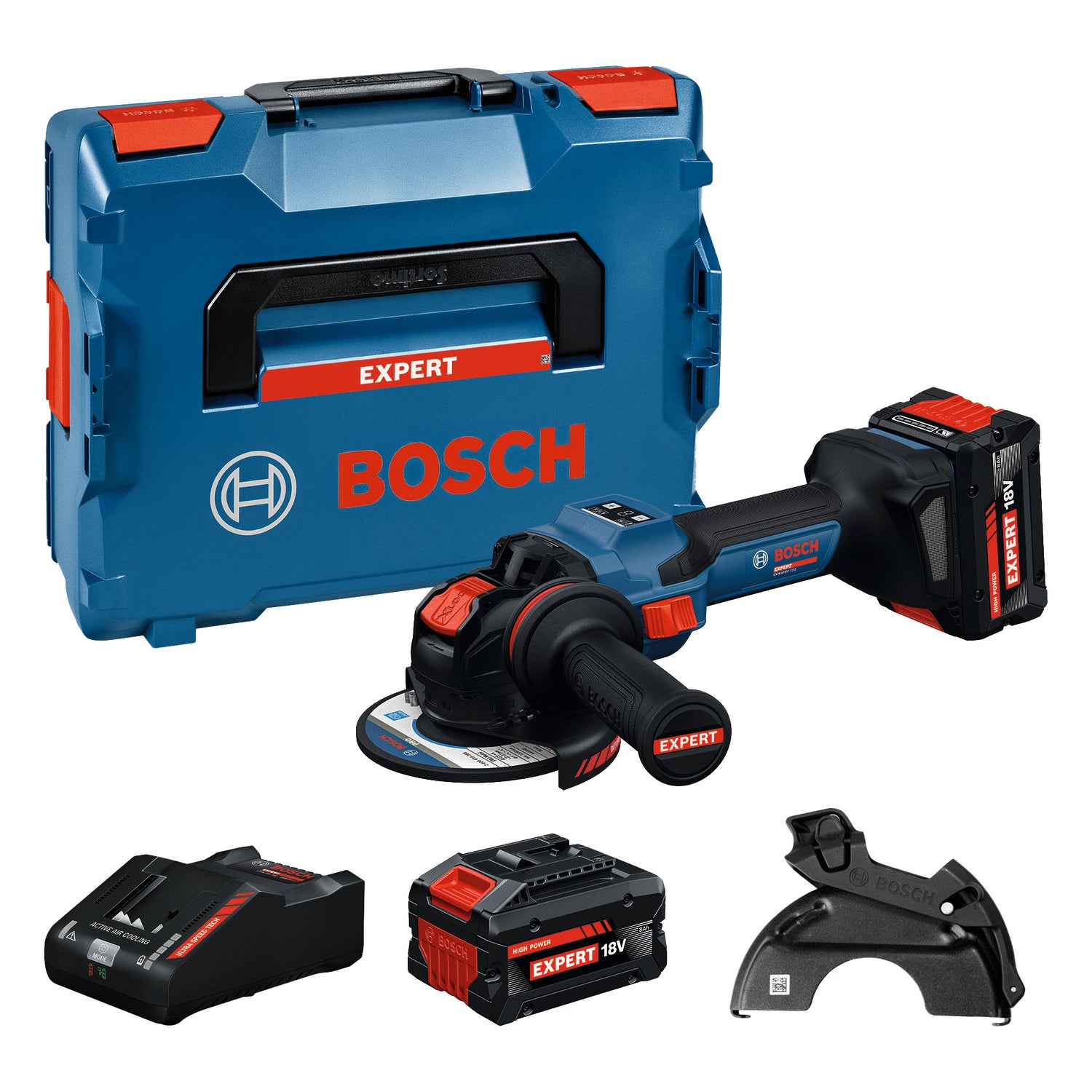 Bosch EXPERT Akku-Winkelschleifer EXWX18V-15S (X-LOCK, Scheiben-Ø: 125 mm, Drehzahl: 11000 U/min, inkl. 2 x 8,0 Ah Akku in L-BOXX 162)