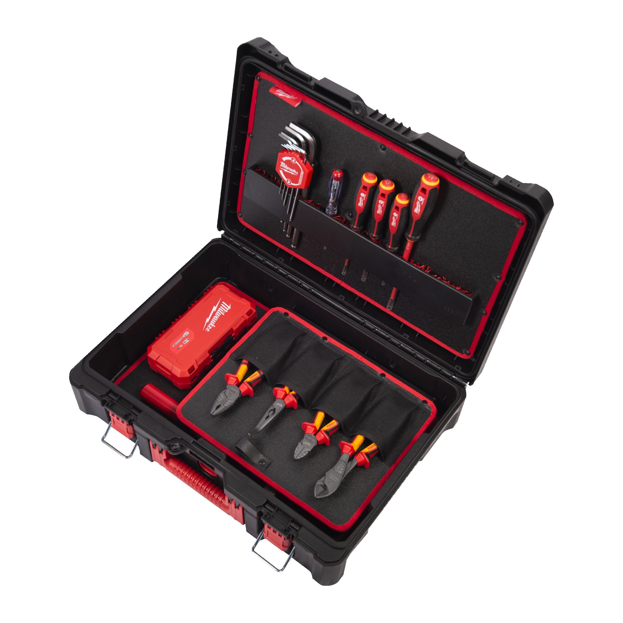 Milwaukee PACKOUT Elektriker Handwerkzeug-Koffer 62-tlg. (inkl. VDE-Zangen, Tri-Lobe Schraubendreher, 1/4" Ratschen- & Steckschlüsselsatz, Automatische Abisolierzange)