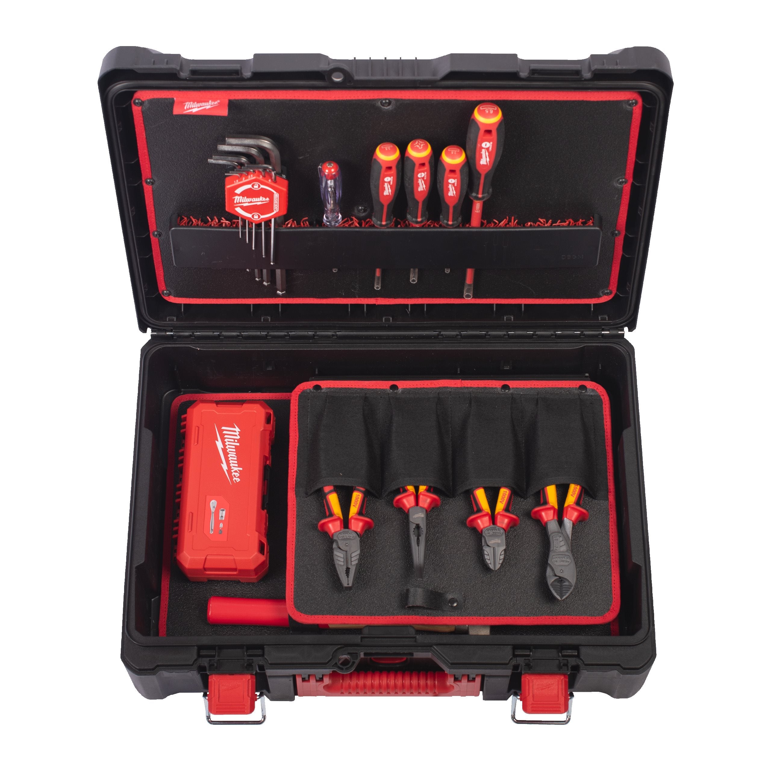 Milwaukee PACKOUT Elektriker Handwerkzeug-Koffer 62-tlg. (inkl. VDE-Zangen, Tri-Lobe Schraubendreher, 1/4" Ratschen- & Steckschlüsselsatz, Automatische Abisolierzange)