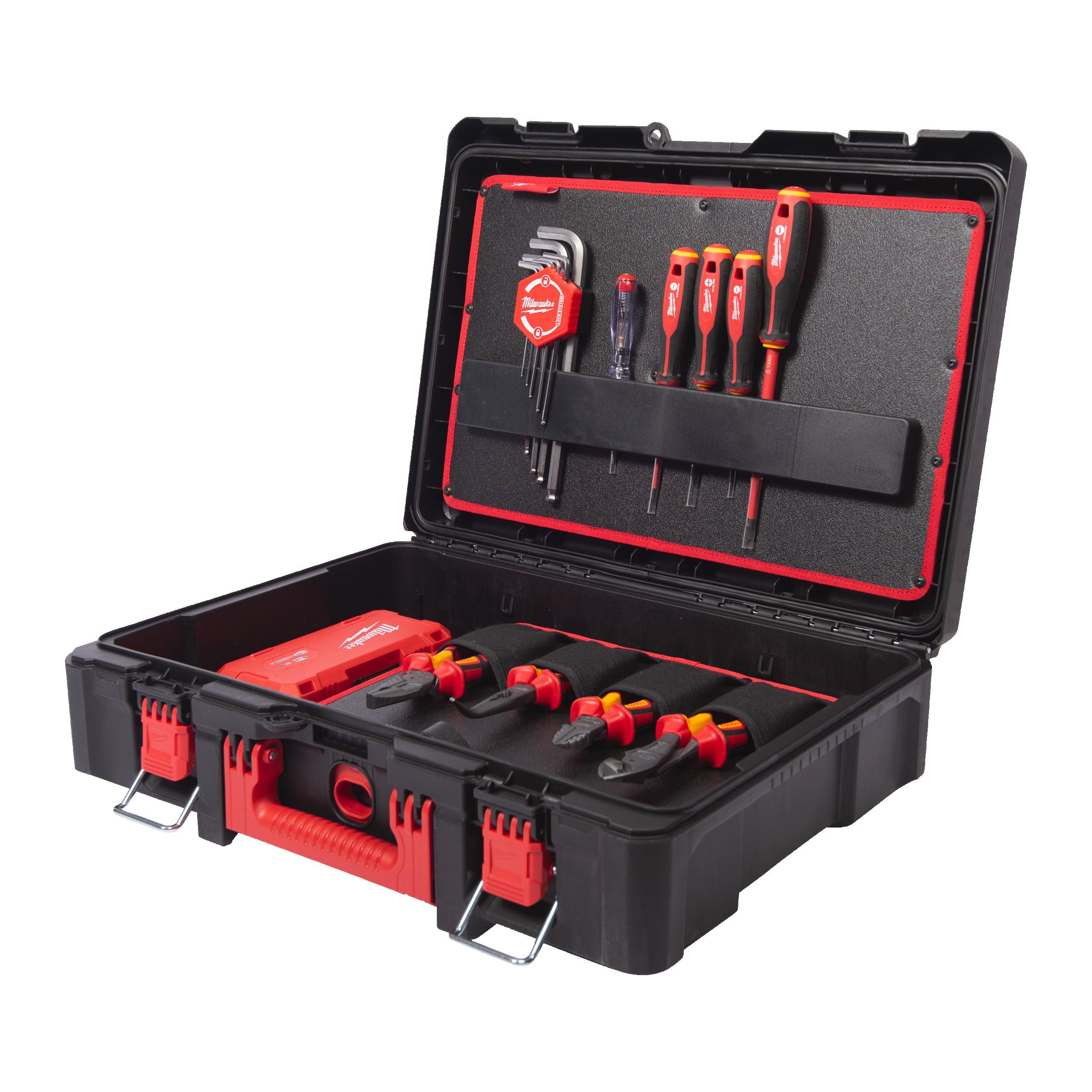 Milwaukee PACKOUT Elektriker Handwerkzeug-Koffer 62-tlg. (inkl. VDE-Zangen, Tri-Lobe Schraubendreher, 1/4" Ratschen- & Steckschlüsselsatz, Automatische Abisolierzange)