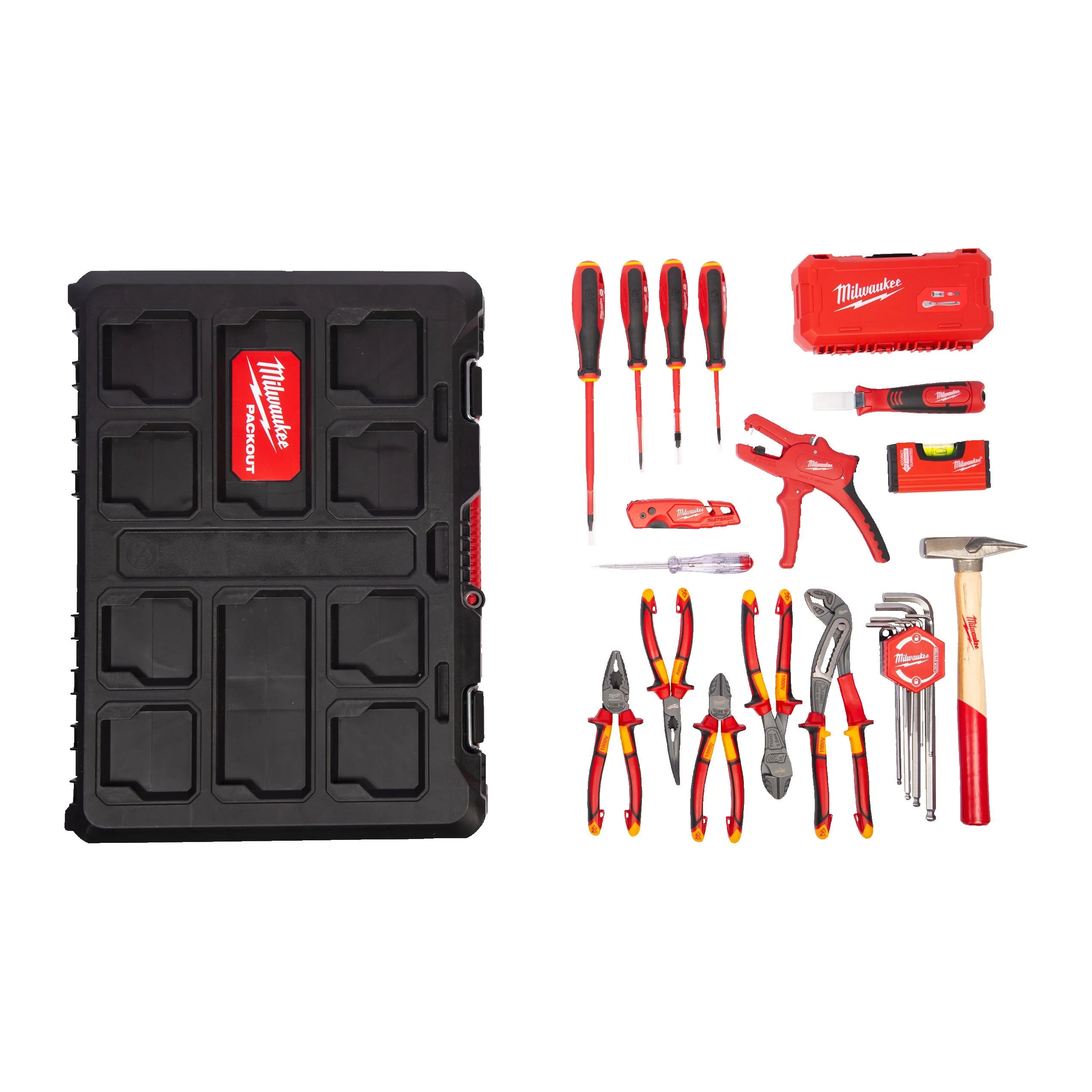 Milwaukee PACKOUT Elektriker Handwerkzeug-Koffer 62-tlg. (inkl. VDE-Zangen, Tri-Lobe Schraubendreher, 1/4" Ratschen- & Steckschlüsselsatz, Automatische Abisolierzange)