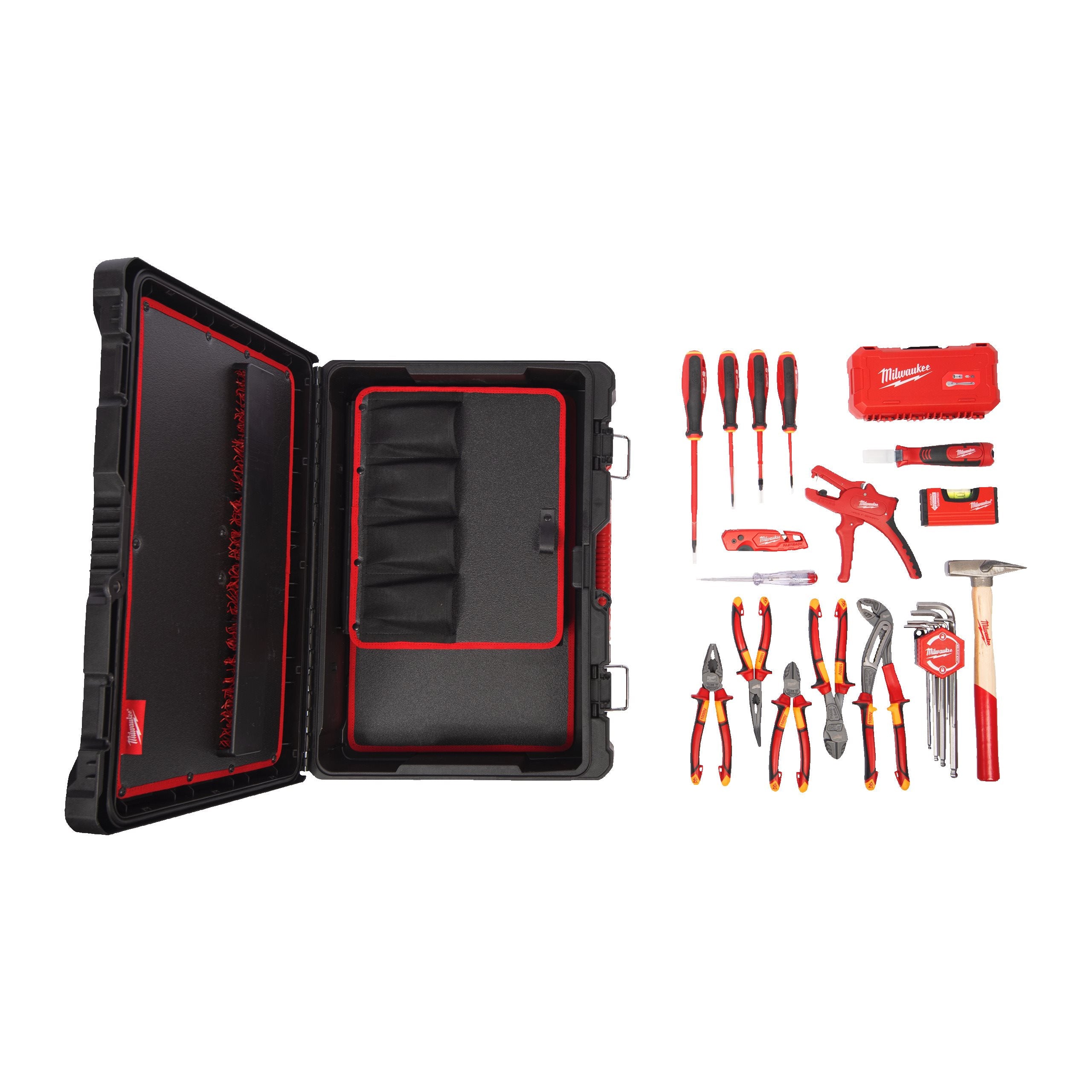 Milwaukee PACKOUT Elektriker Handwerkzeug-Koffer 62-tlg. (inkl. VDE-Zangen, Tri-Lobe Schraubendreher, 1/4" Ratschen- & Steckschlüsselsatz, Automatische Abisolierzange)