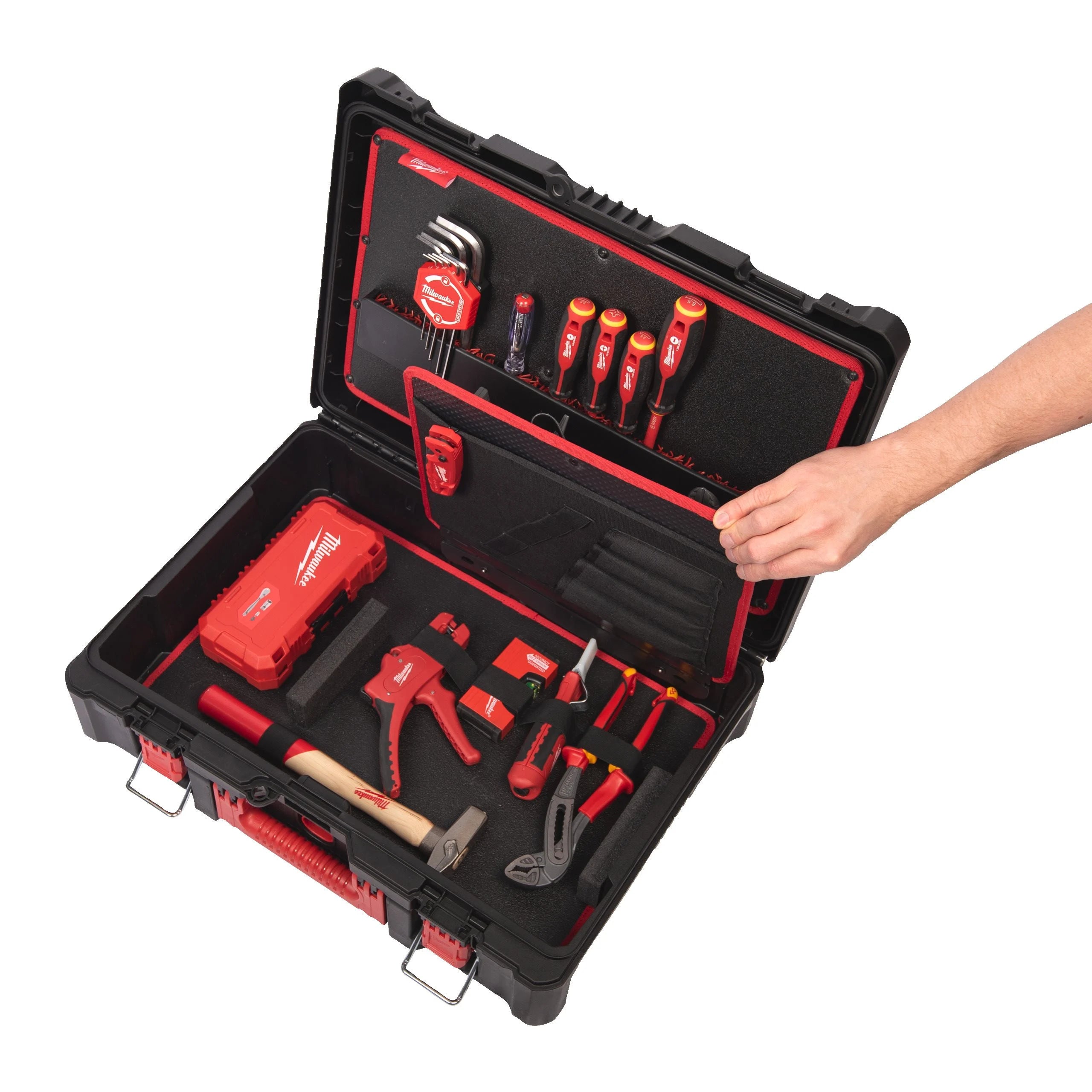 Milwaukee PACKOUT Elektriker Handwerkzeug-Koffer 62-tlg. (inkl. VDE-Zangen, Tri-Lobe Schraubendreher, 1/4" Ratschen- & Steckschlüsselsatz, Automatische Abisolierzange)