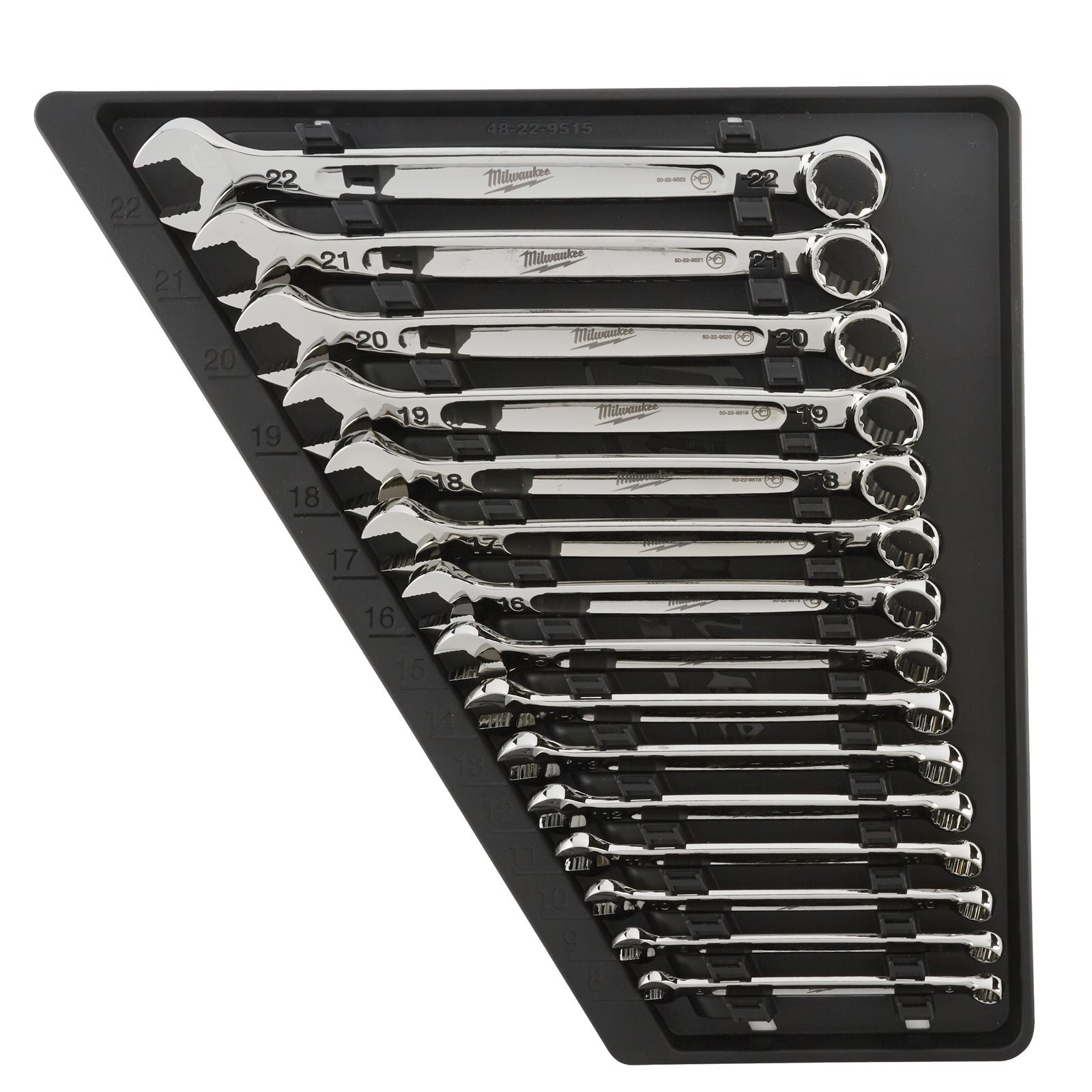Milwaukee MAX BITE Ring-Maulschlüssel Set 15-tlg. (Spannweite: 8 - 22 mm, Maulöffnung für verringertes Abrutschen & Durchdrehen, 15° gekröpft)