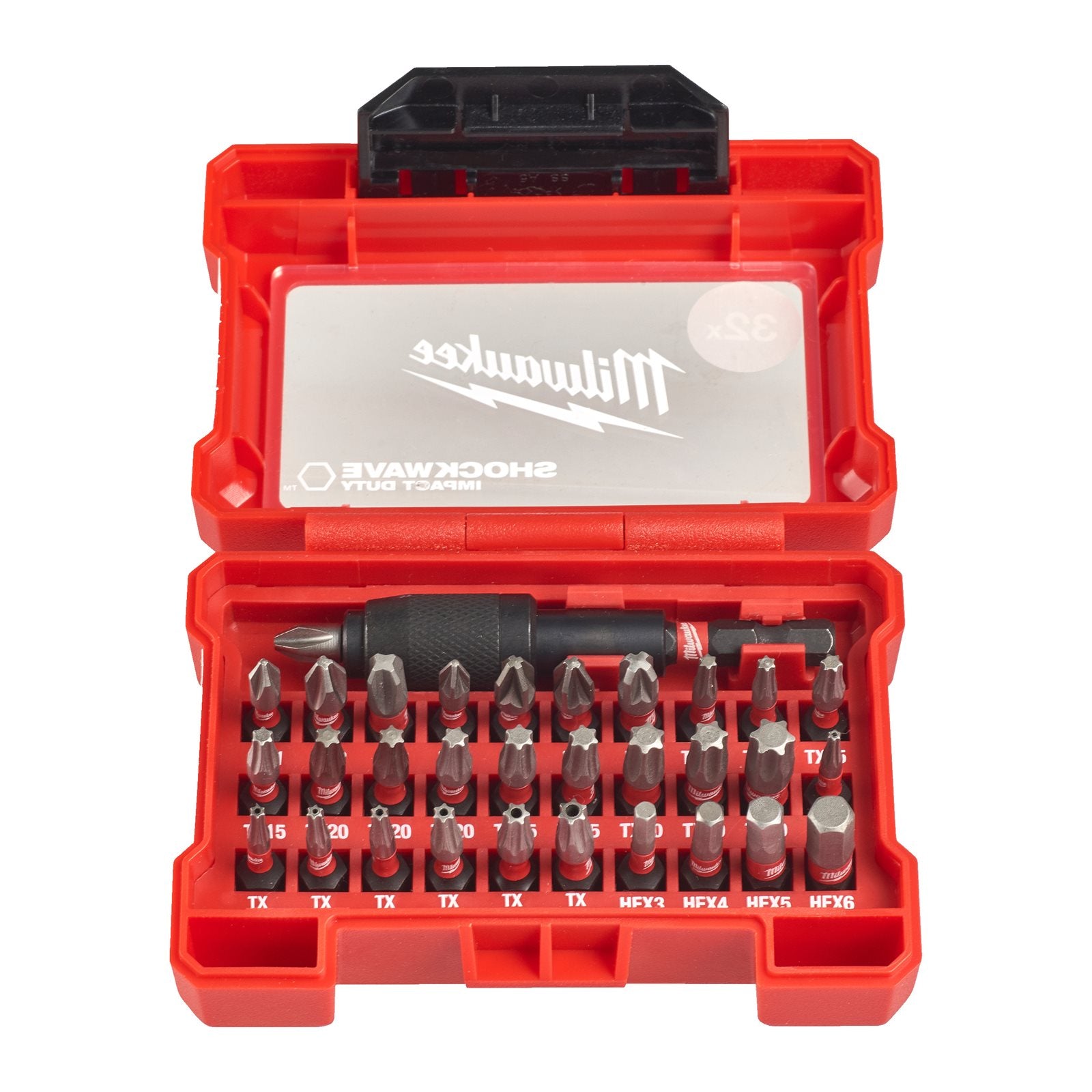 Milwaukee SHOCKWAVE Compact Bit Set 32-tlg. (Schlagfeste 1/4" Bits: PH / PZ / TX / TX BO / HEX, Bithalter)