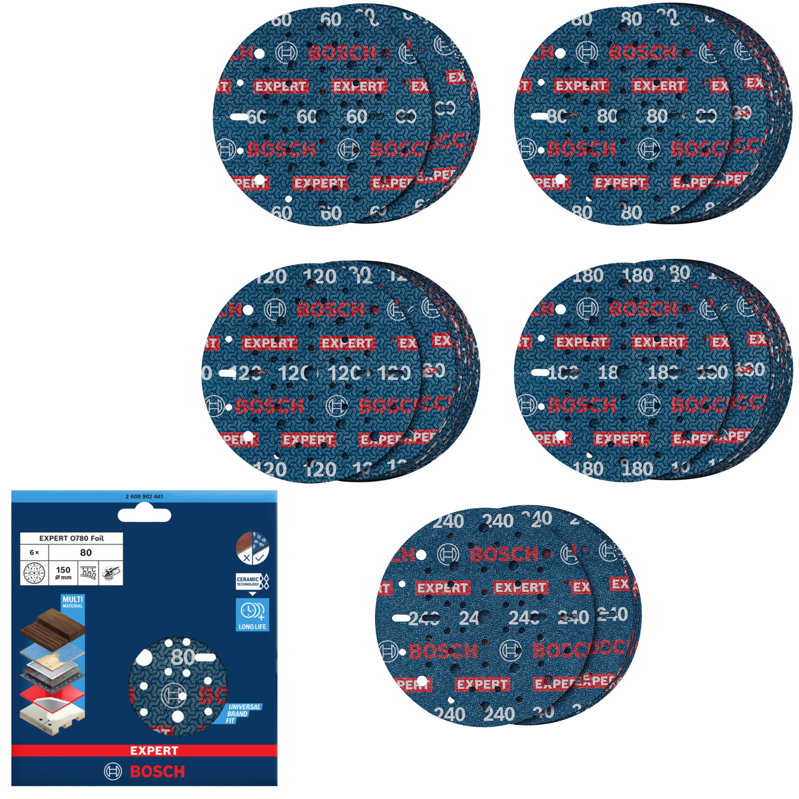 Bosch EXPERT O780 Folienschleifscheibe Ø 150 mm (6er-Pack, für das effiziente Schleifen verschiedenster Materialien)