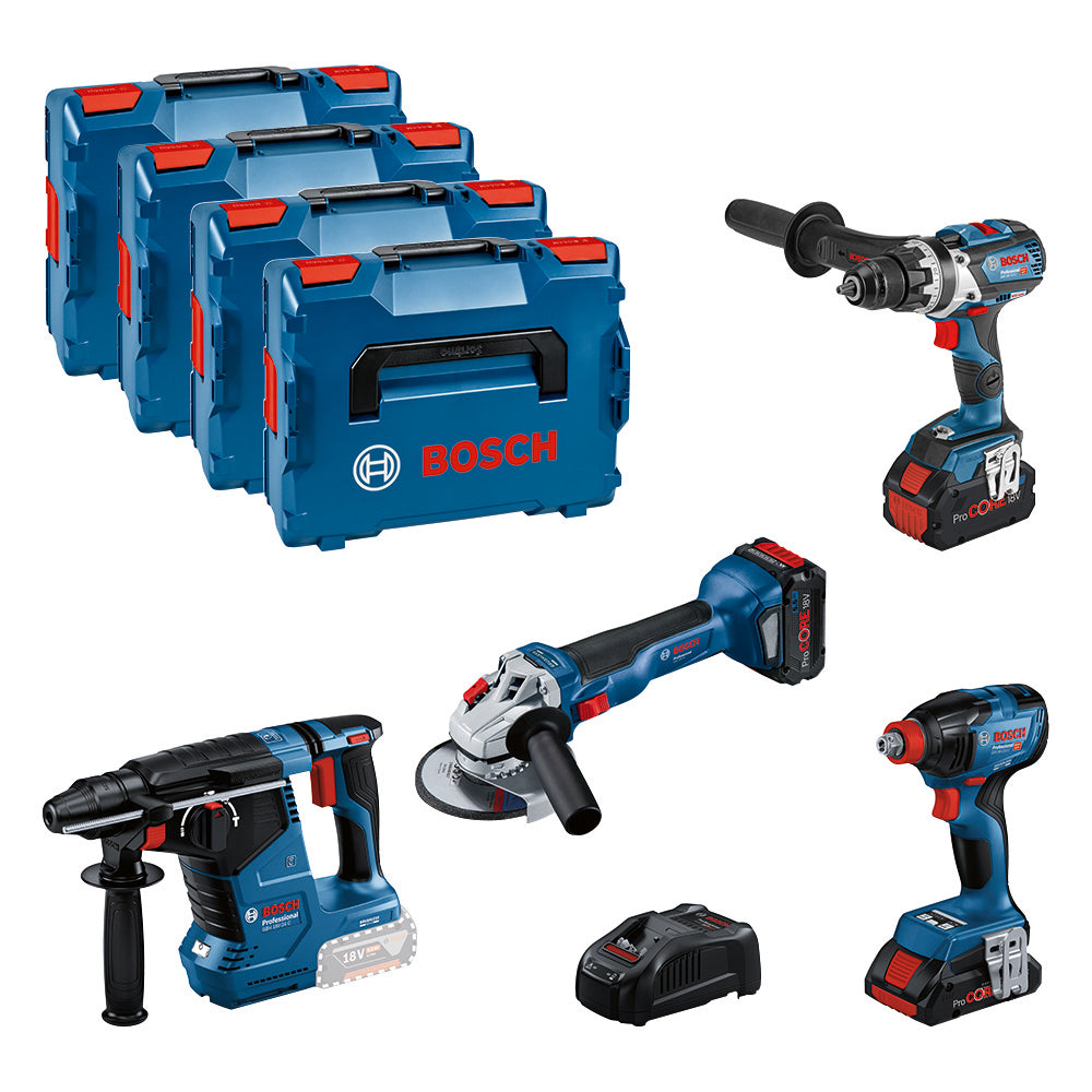 Bosch 18V Akku Profi-Set: GSR 18V-110 C, GDX 18V-210 C, GBH 18V-24 C, GWS 18V-10, 3 x ProCORE18V Akku, 4 x L-BOXX 136