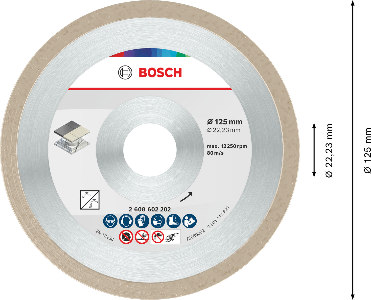 Bosch Diamanttrennscheibe Ø 125 mm für Fliesen (Ceramic, 125 x 22,23 x 1,6 x 7 mm, für harte Fliesen & Marmor)
