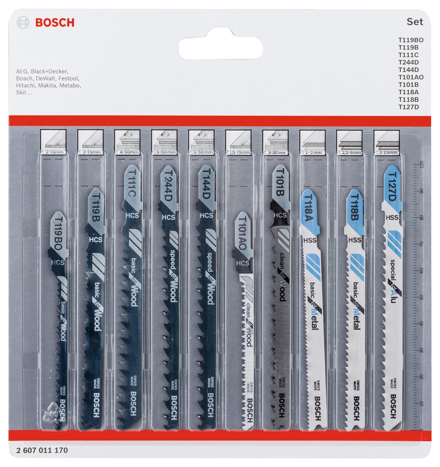 Bosch Stichsägeblatt-Set für Holz & Metall (10-tlg., Wood + Metal, für verschiedenste Schnitte, Kurvenschnitte, T-Schaft)
