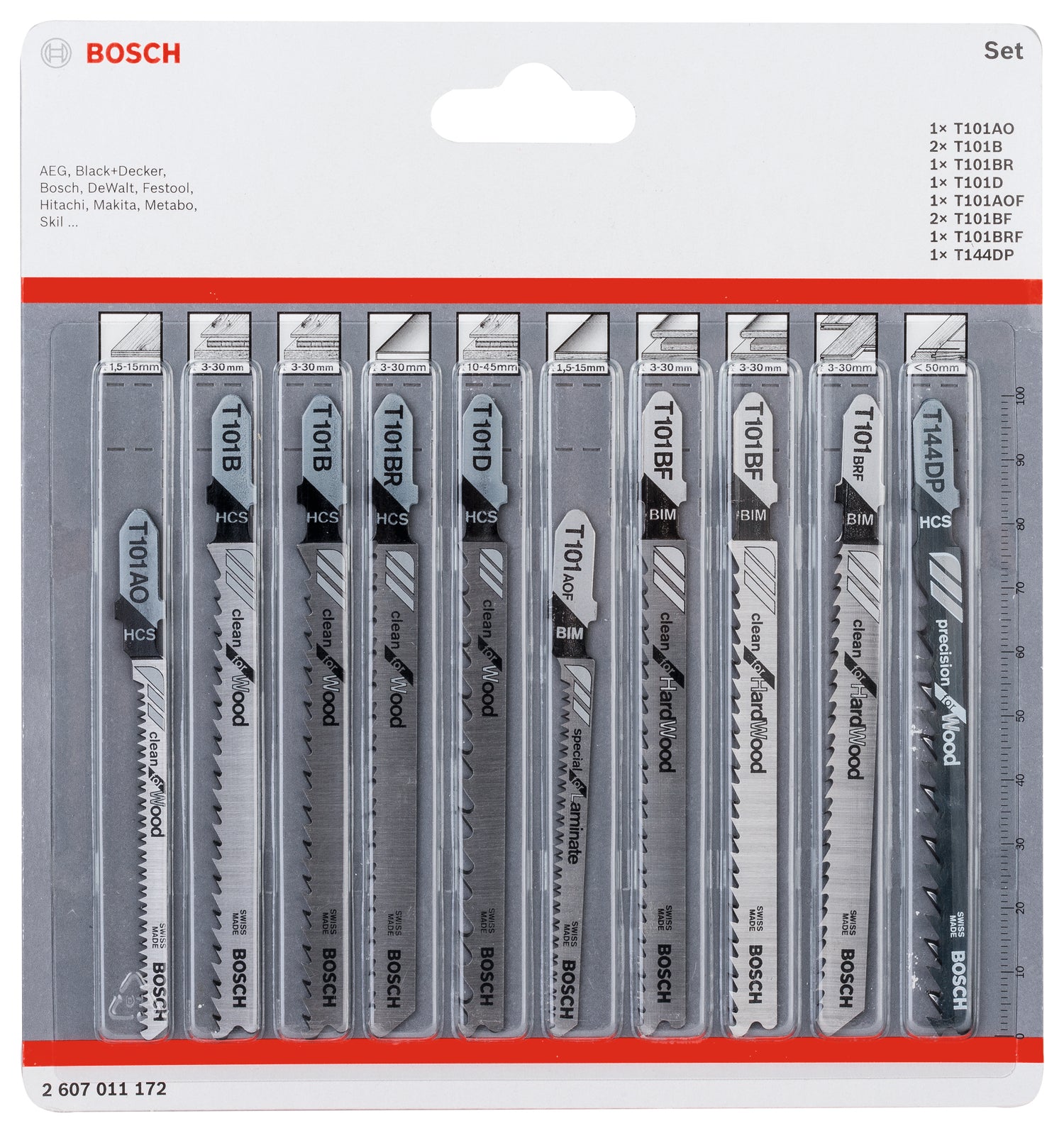 Bosch Stichsägeblatt-Set für Holz (10-tlg., Clean Cutting, für präzise und saubere Schnitte, Wood, T-Schaft)