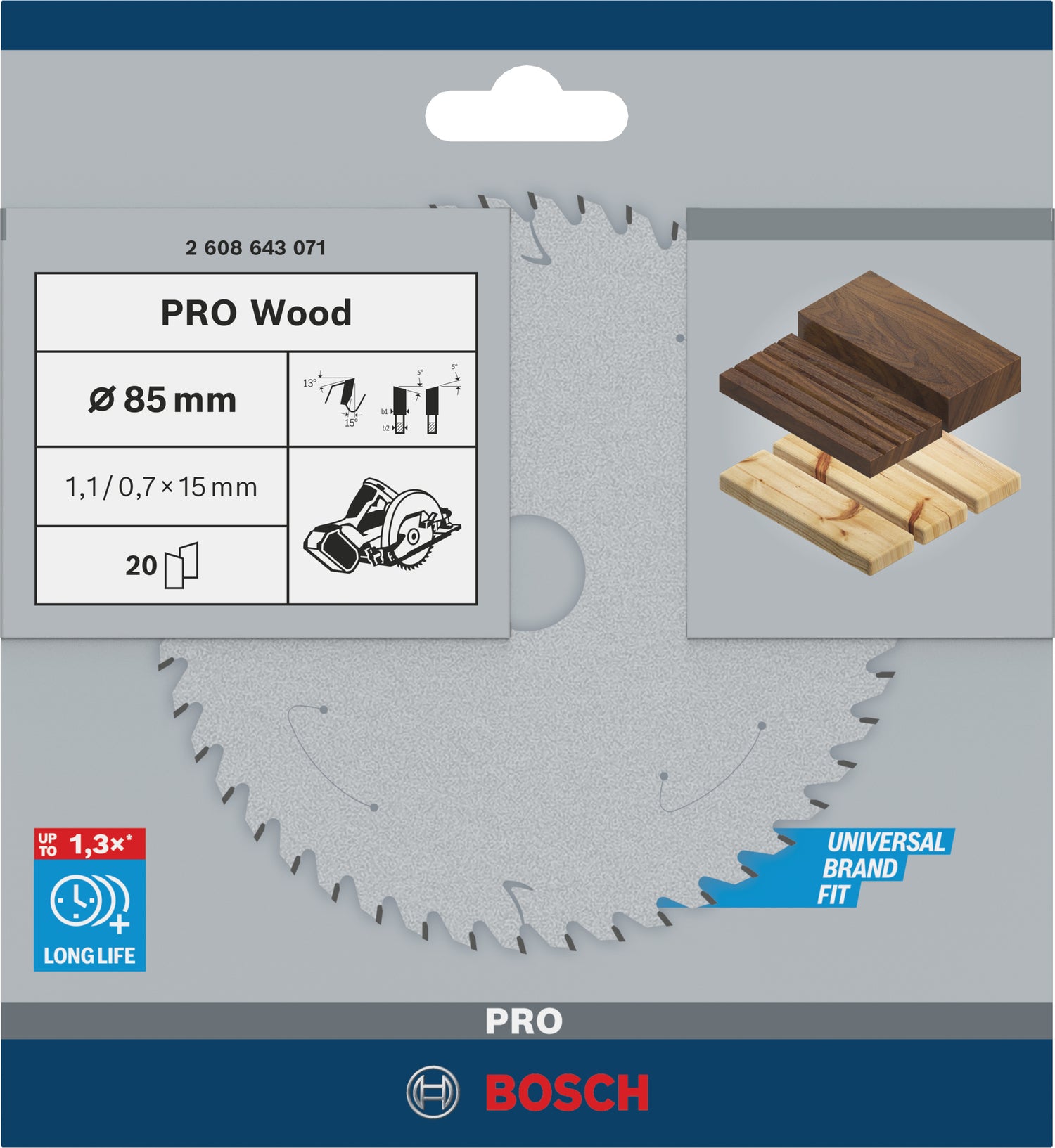 Bosch PRO Wood Kreissägeblatt Ø 85 mm für Holz (Carbide-Zähne, für Handkreissäge, 85 x 1.1 x 15 mm)