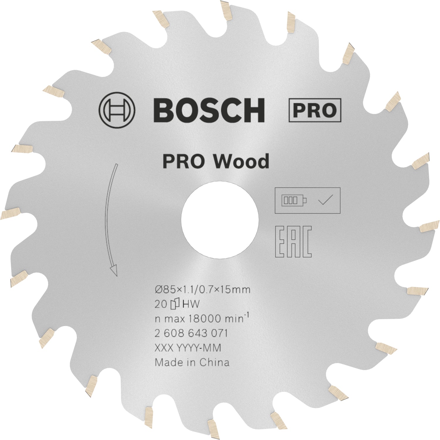 Bosch PRO Wood Kreissägeblatt Ø 85 mm für Holz (Carbide-Zähne, für Handkreissäge, 85 x 1.1 x 15 mm)
