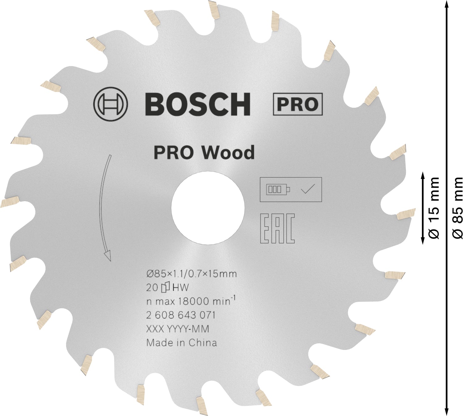 Bosch PRO Wood Kreissägeblatt Ø 85 mm für Holz (Carbide-Zähne, für Handkreissäge, 85 x 1.1 x 15 mm)