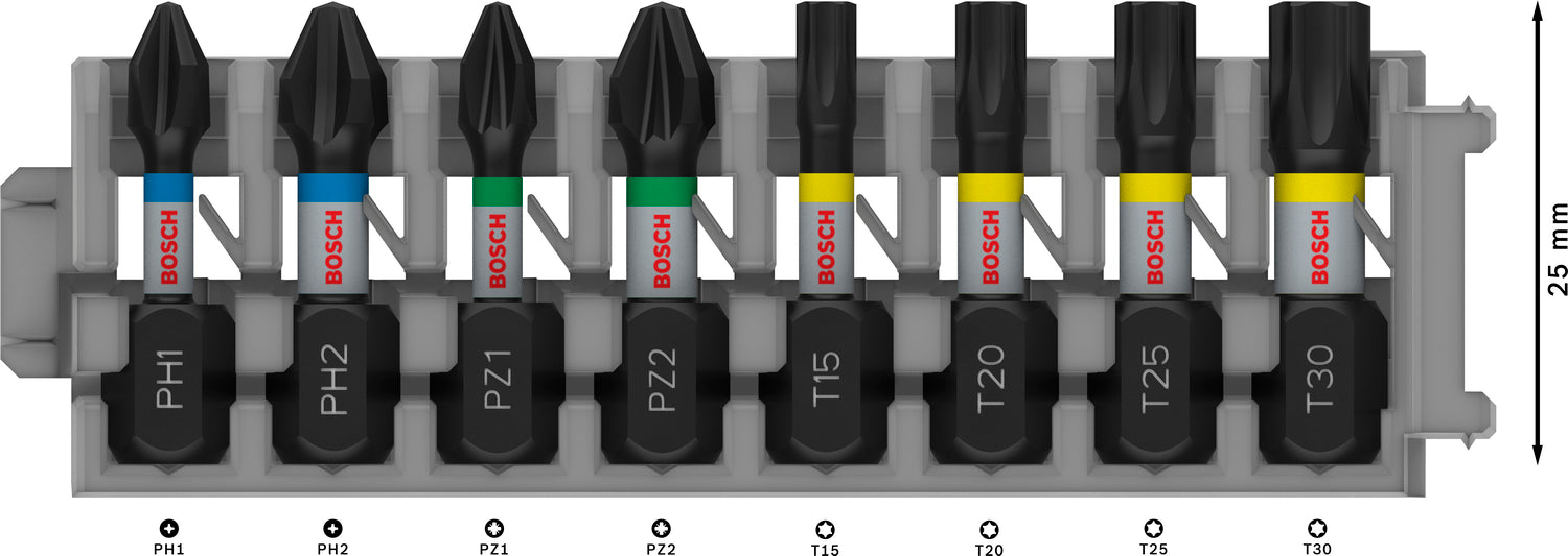 Bosch PRO Impact Schrauberbit Set (8-tlg: PH1, PH2, PZ1, PZ2, T15, T20, T25, T30 - Länge: 25 mm - ideal für Schlagschrauber)