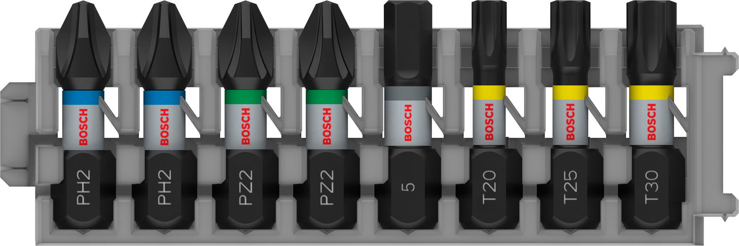 Bosch PRO Impact Bit Set (8-tlg.: 2x PH2, 2x PZ2, H5, T20, T25, T30 - Länge: 25 mm - ideal für Schlagschrauber)