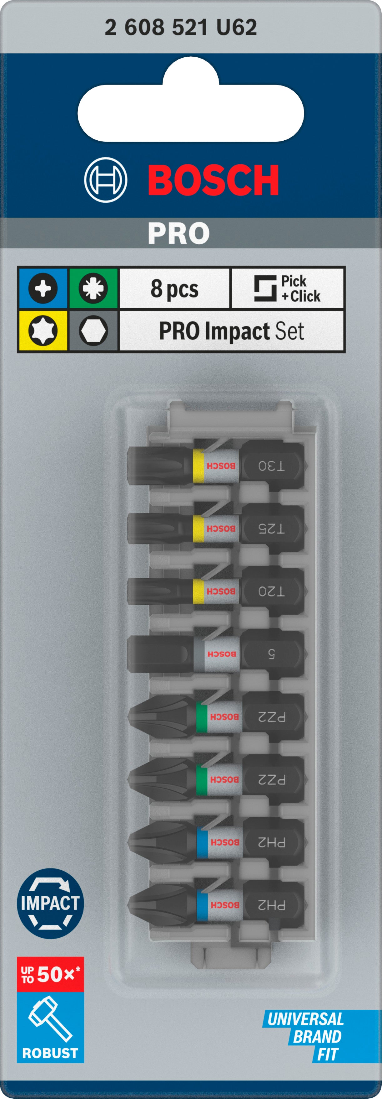 Bosch PRO Impact Bit Set (8-tlg.: 2x PH2, 2x PZ2, H5, T20, T25, T30 - Länge: 25 mm - ideal für Schlagschrauber)