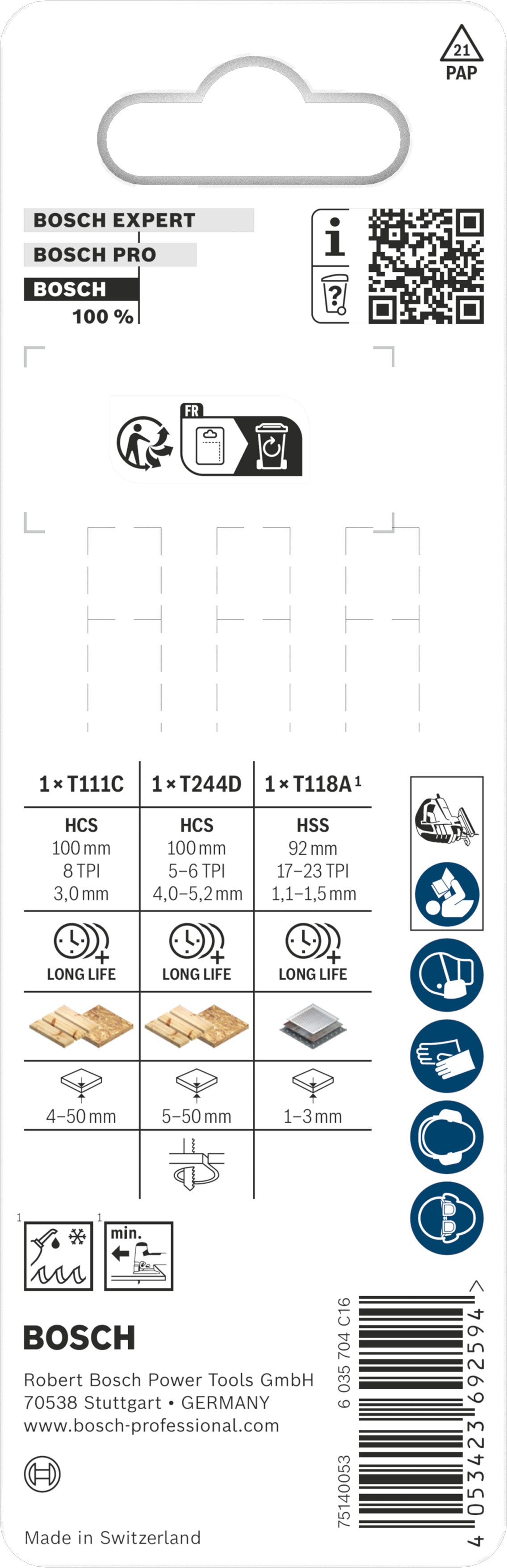 Bosch Stichsägeblatt Set Wood and Metal Basic (3-tlg.: T118A, T244D, T111C, für Holz und Metall, T-Schaft)