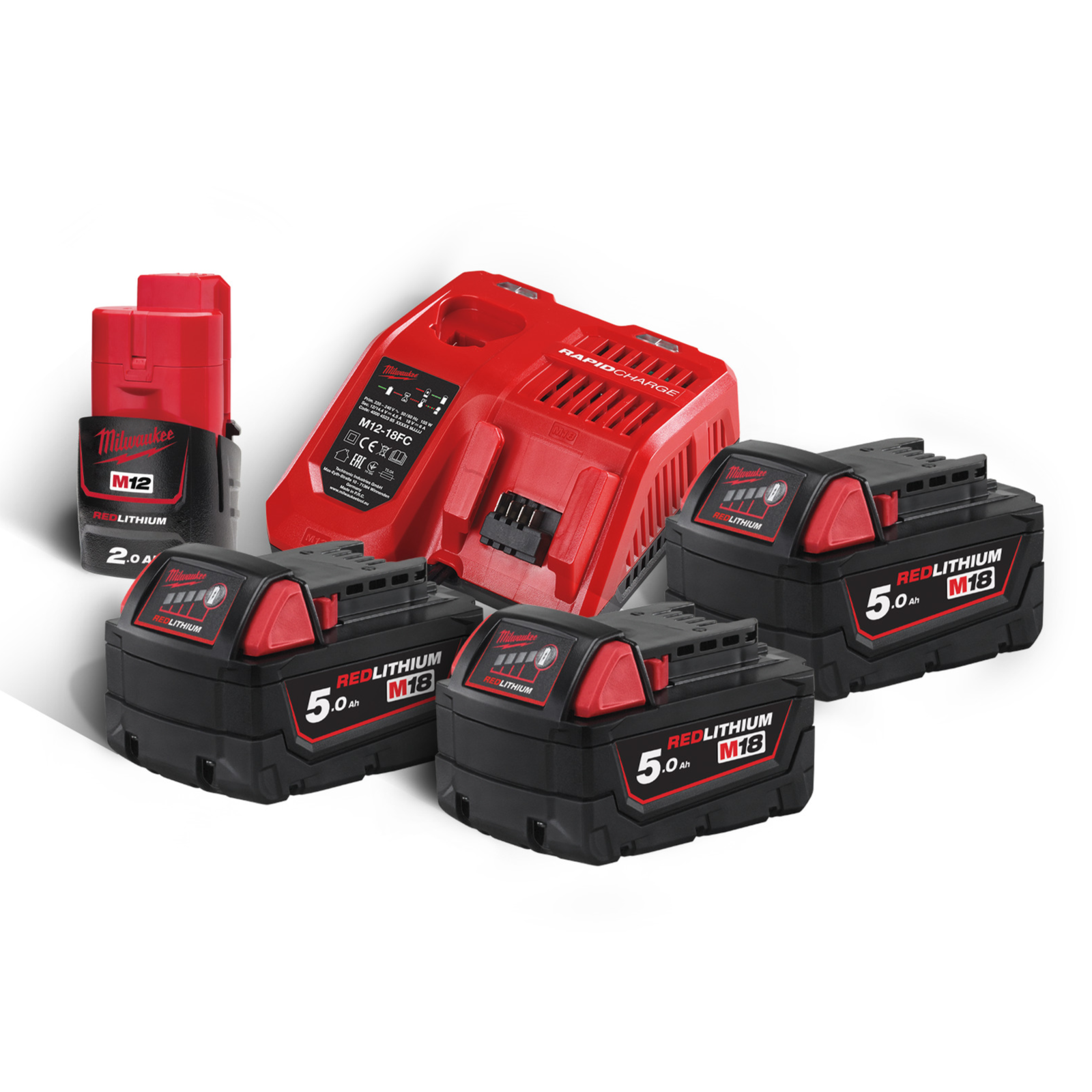 Milwaukee Akku-Starter-Set M18 NRG-503 (mit 3 x 18V / 5,0 Ah Akku M18 B5, 1 x 12V / 2,0 Ah Akku M12 B2, 1 x M12-18 FC Schnellladegerät)