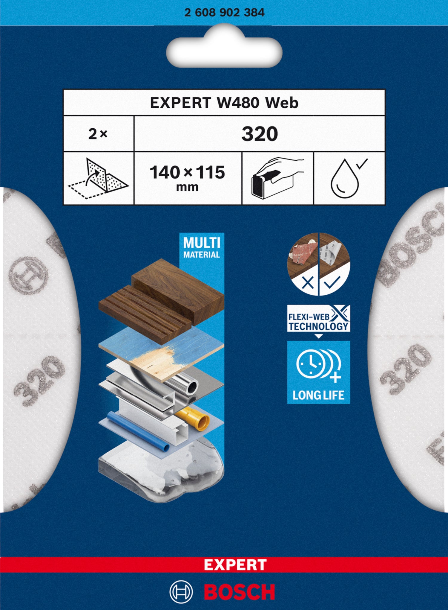 Bosch EXPERT W480 Web 1/4 Handschleifblatt (2er-Pack, 115 x 140 mm, Effizientes Schleifen verschiedenster Materialien, Flexi-Web-Technologie)