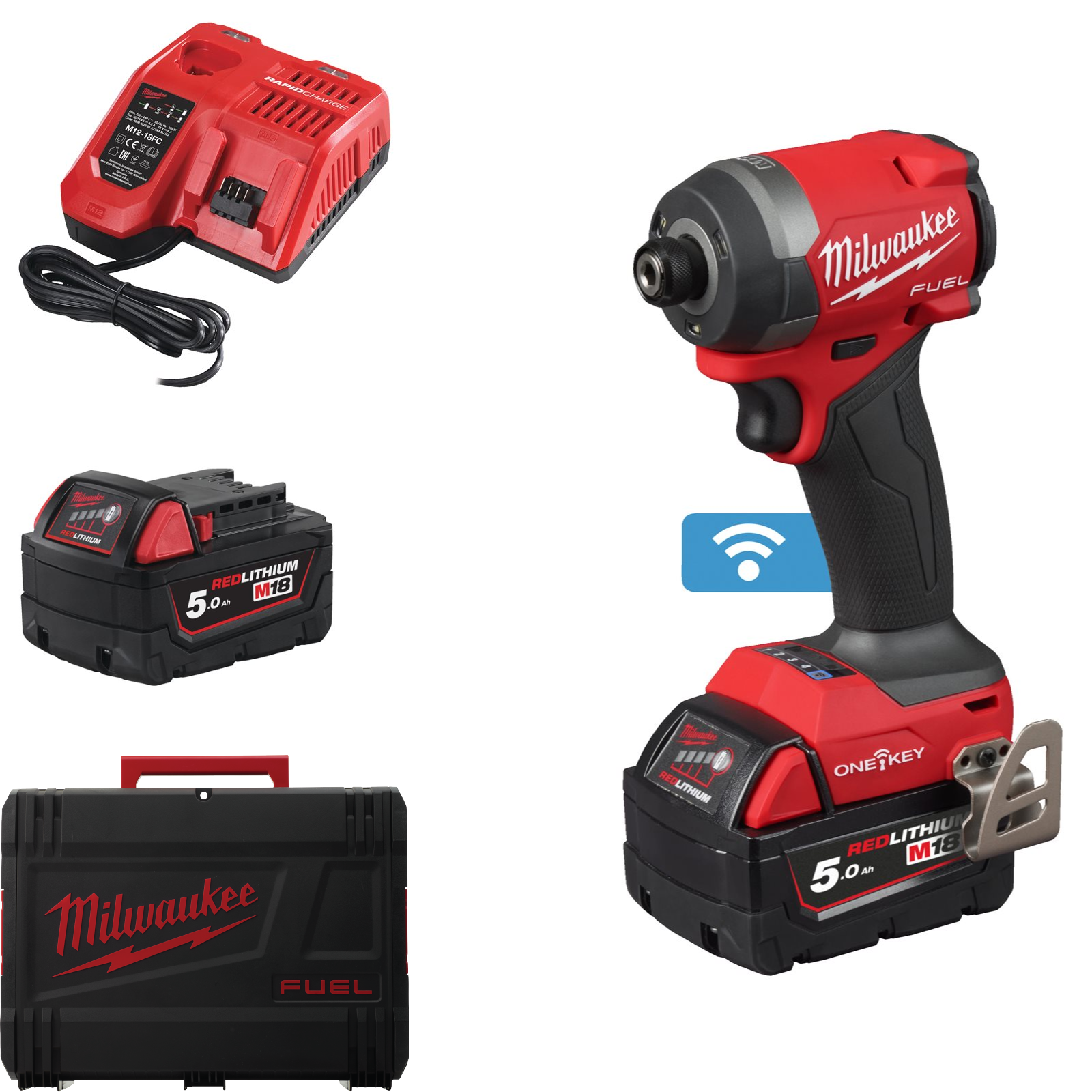 Milwaukee Akku-Schlagschrauber M18 ONEID3-502X (Drehmoment: 226 Nm, 1/4"-Innensechskant, ONE-KEY, mit 2 x 5,0 Ah Akku in HD Box)