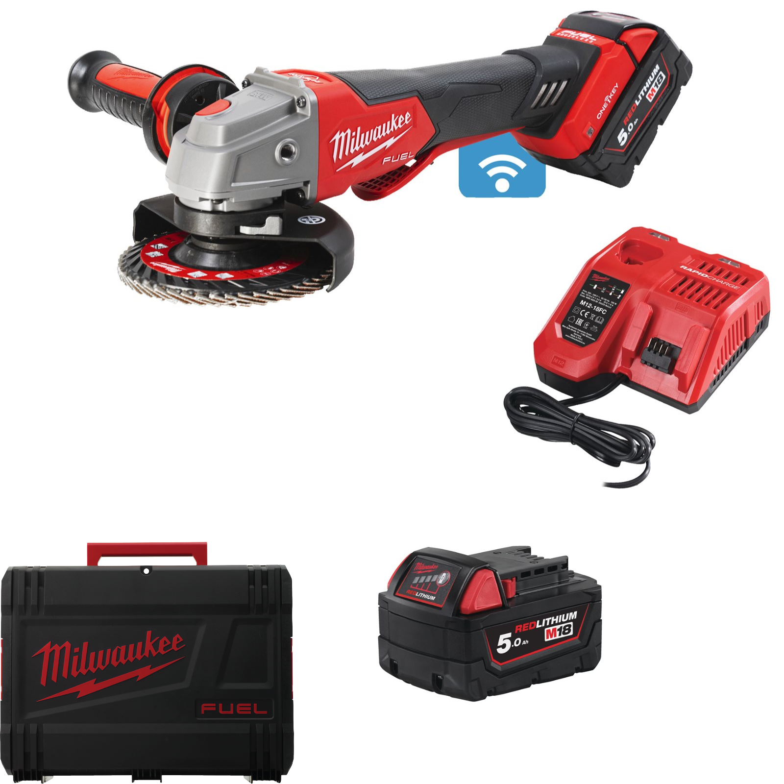 Milwaukee Akku-Winkelschleifer M18 ONEFSAG125XPDB-502X (Scheiben-Ø: 125 mm, Paddelschalter, ONE-KEY, mit 2 x 5,0 Ah Akku in HD-Box)