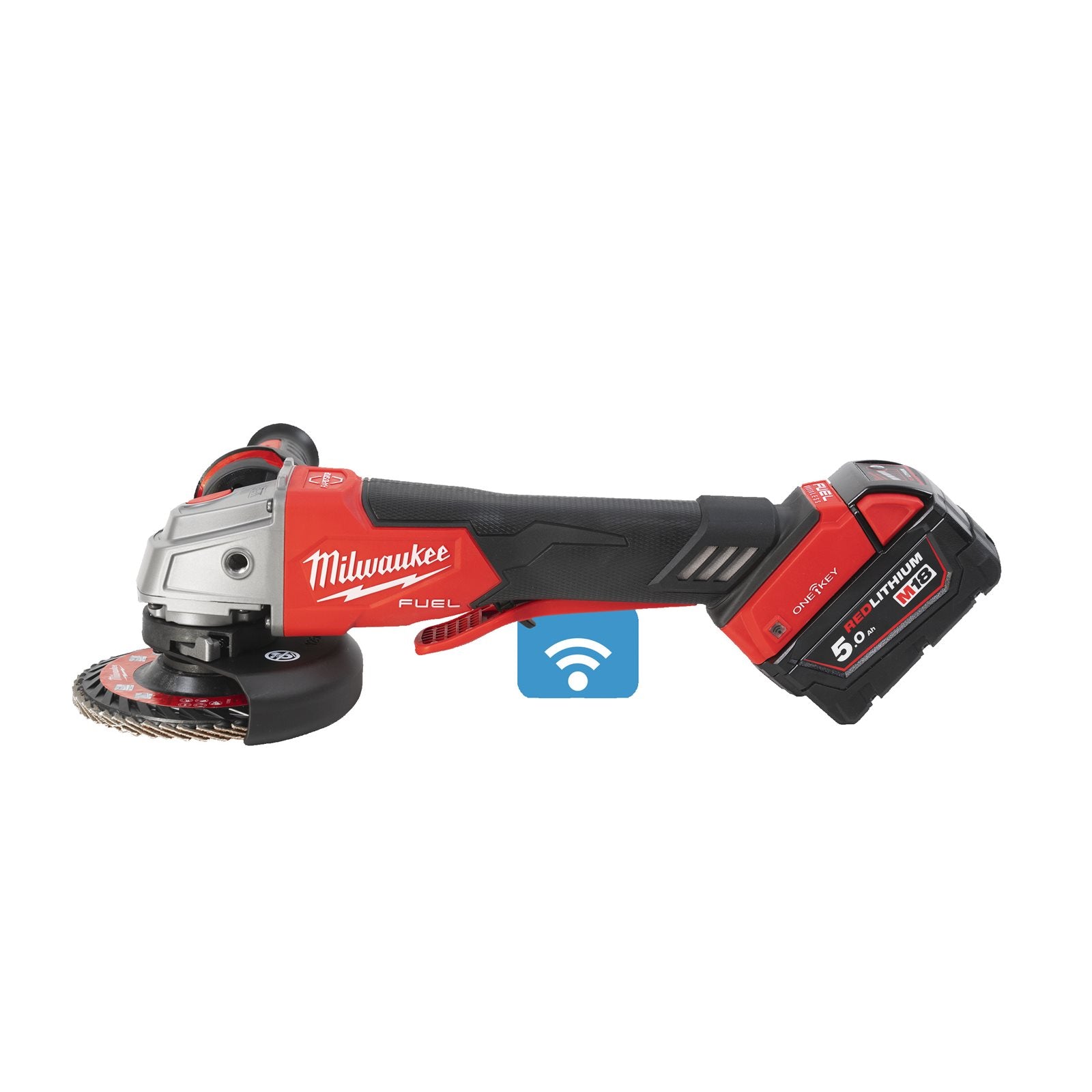 Milwaukee Akku-Winkelschleifer M18 ONEFSAG125XPDB-502X (Scheiben-Ø: 125 mm, Paddelschalter, ONE-KEY, mit 2 x 5,0 Ah Akku in HD-Box)