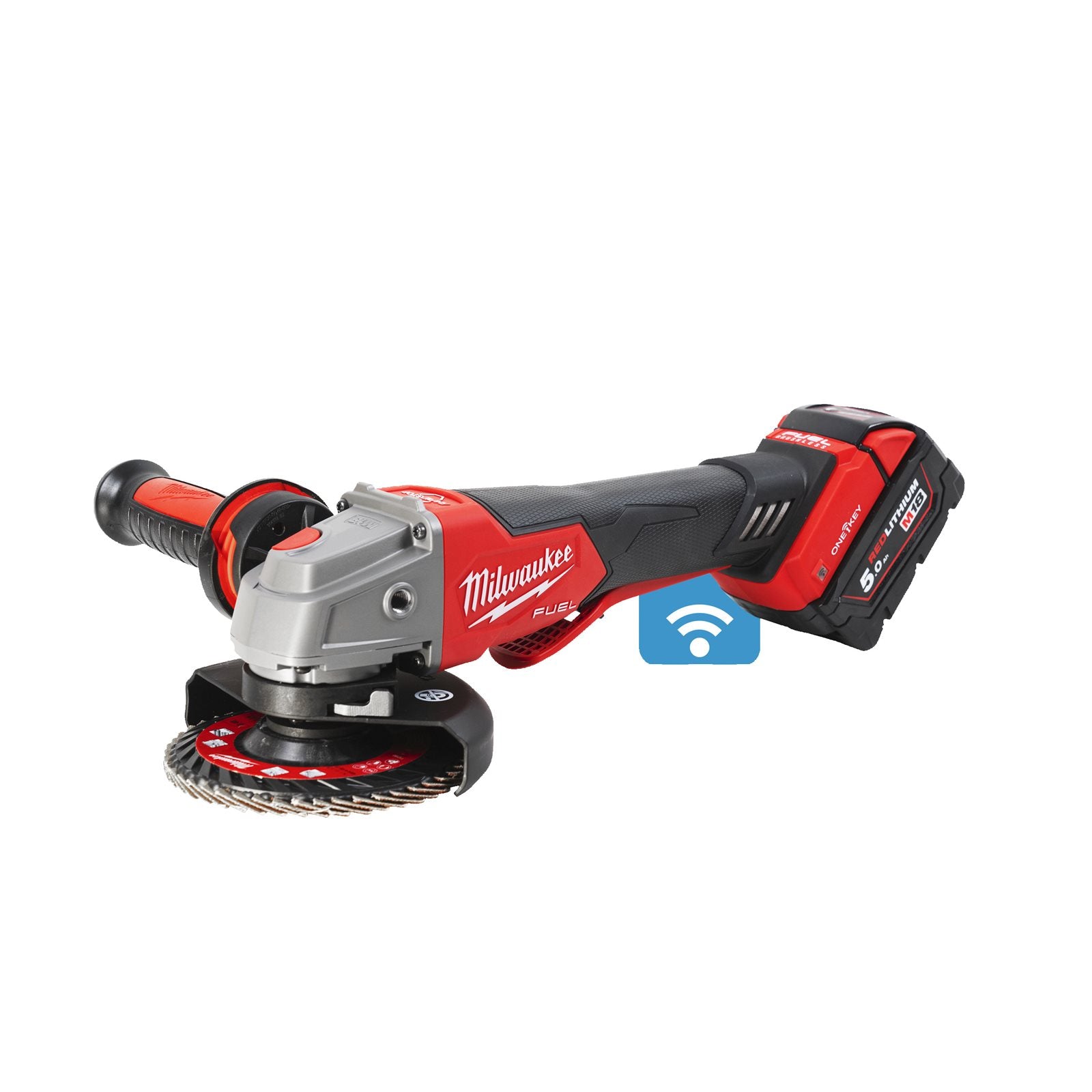 Milwaukee Akku-Winkelschleifer M18 ONEFSAG125XPDB-502X (Scheiben-Ø: 125 mm, Paddelschalter, ONE-KEY, mit 2 x 5,0 Ah Akku in HD-Box)