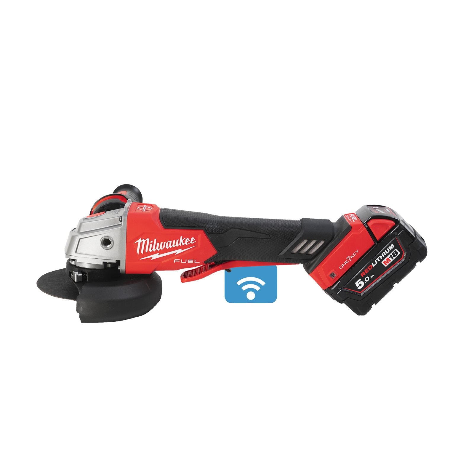 Milwaukee Akku-Winkelschleifer M18 ONEFSAG125XPDB-502X (Scheiben-Ø: 125 mm, Paddelschalter, ONE-KEY, mit 2 x 5,0 Ah Akku in HD-Box)
