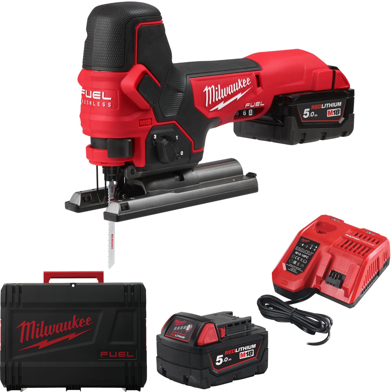 Milwaukee Akku-Stichsäge M18 FBJS-502X (Max. Schnittleistung Holz: 100 mm, 5-fache Pendelhubeinstellung, mit 2 x 5,0 Ah Akku in HD Box)