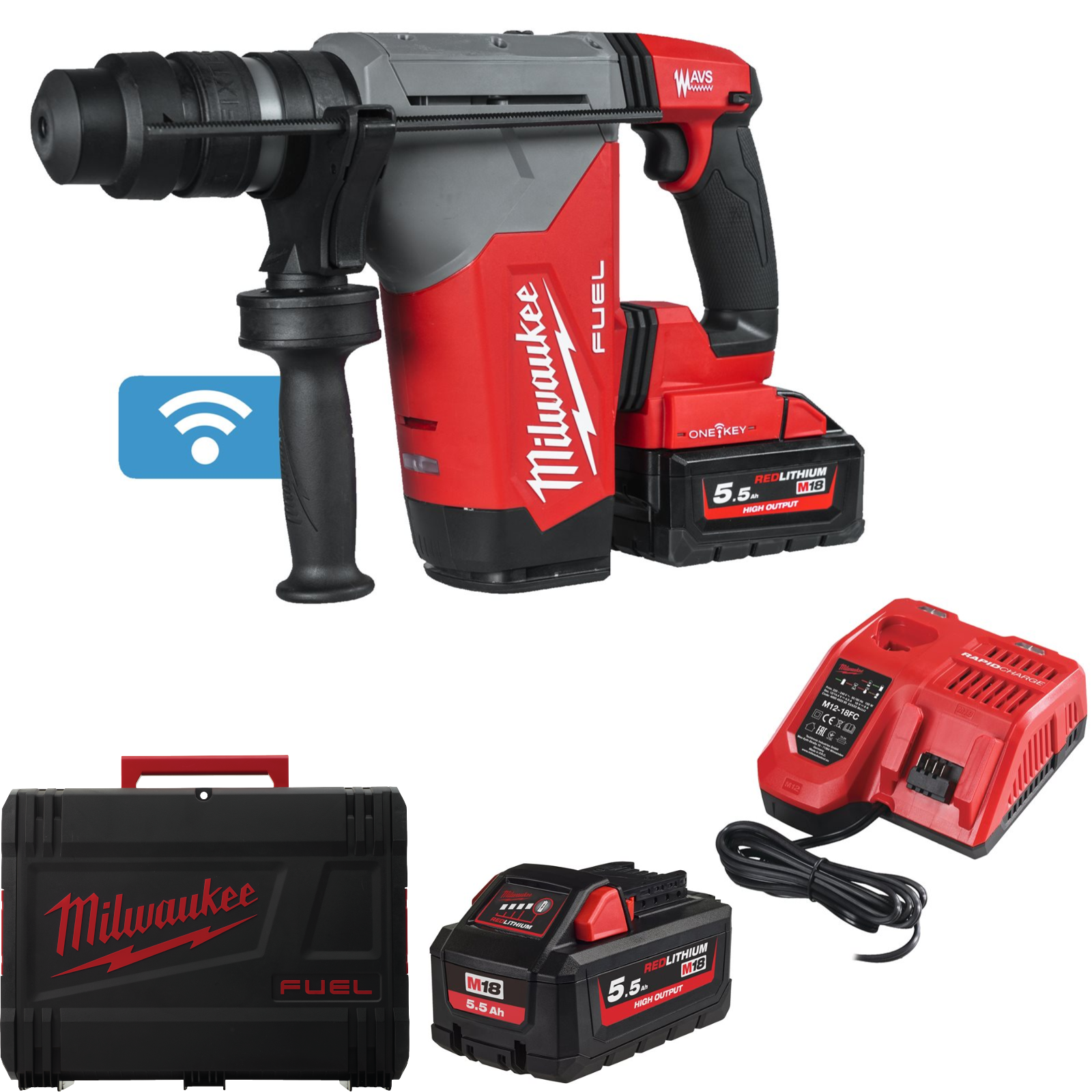 Milwaukee Akku-Kombihammer M18 ONEFHPX-552X (Schlagenergie: 5,0 J, SDS plus, ONE-KEY, mit 2 x 5,5 Ah Akku in HD Box)